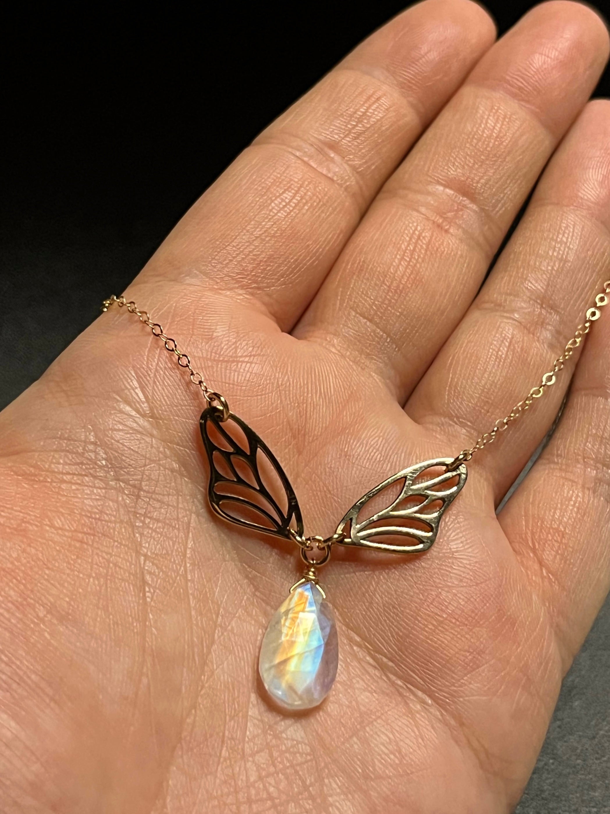 •GUIDE• rainbow moonstone + wings + gold necklace (18"-20")