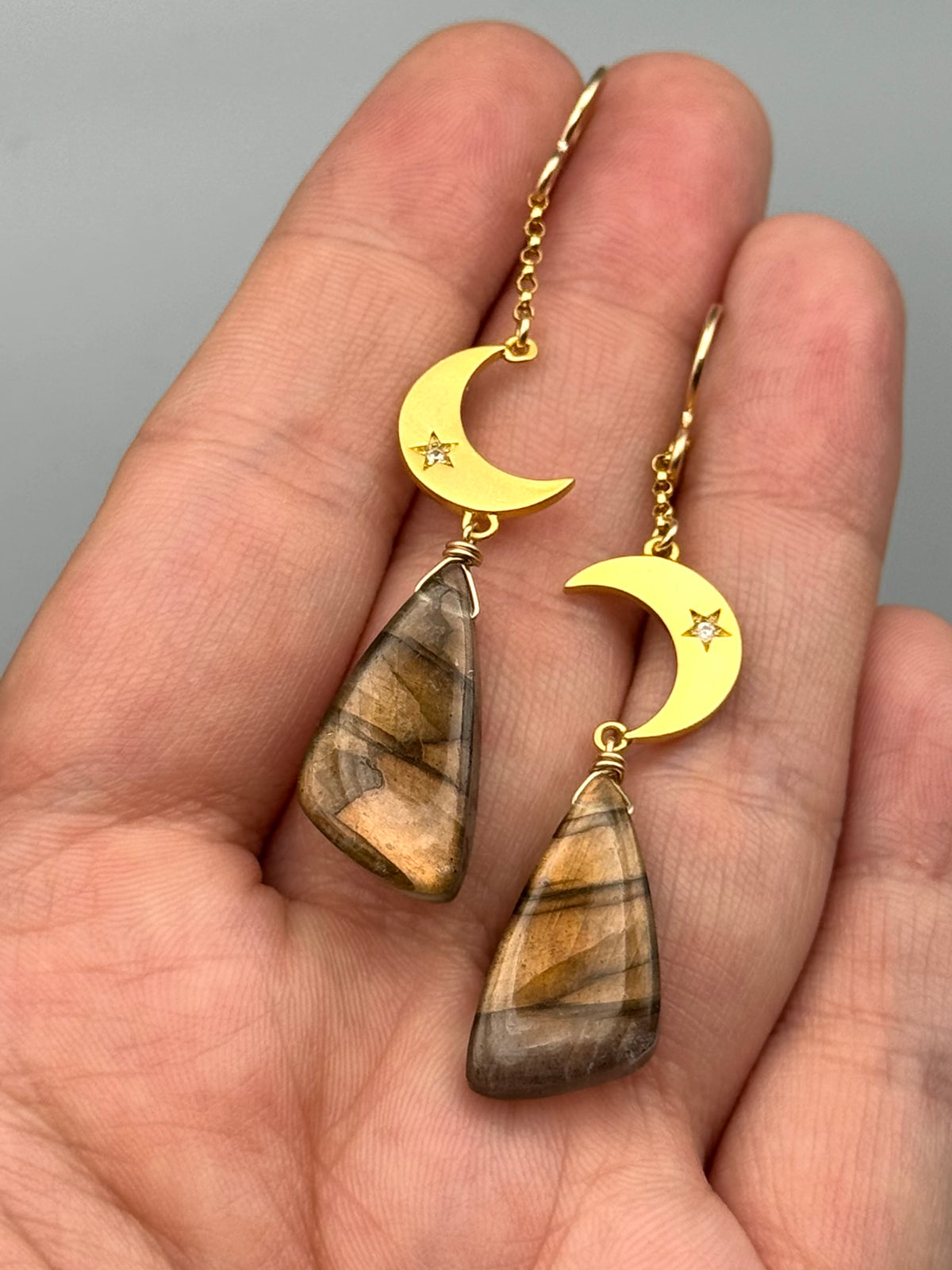•CRYSTAL CRESCENT• golden labradorite wing + gold earrings