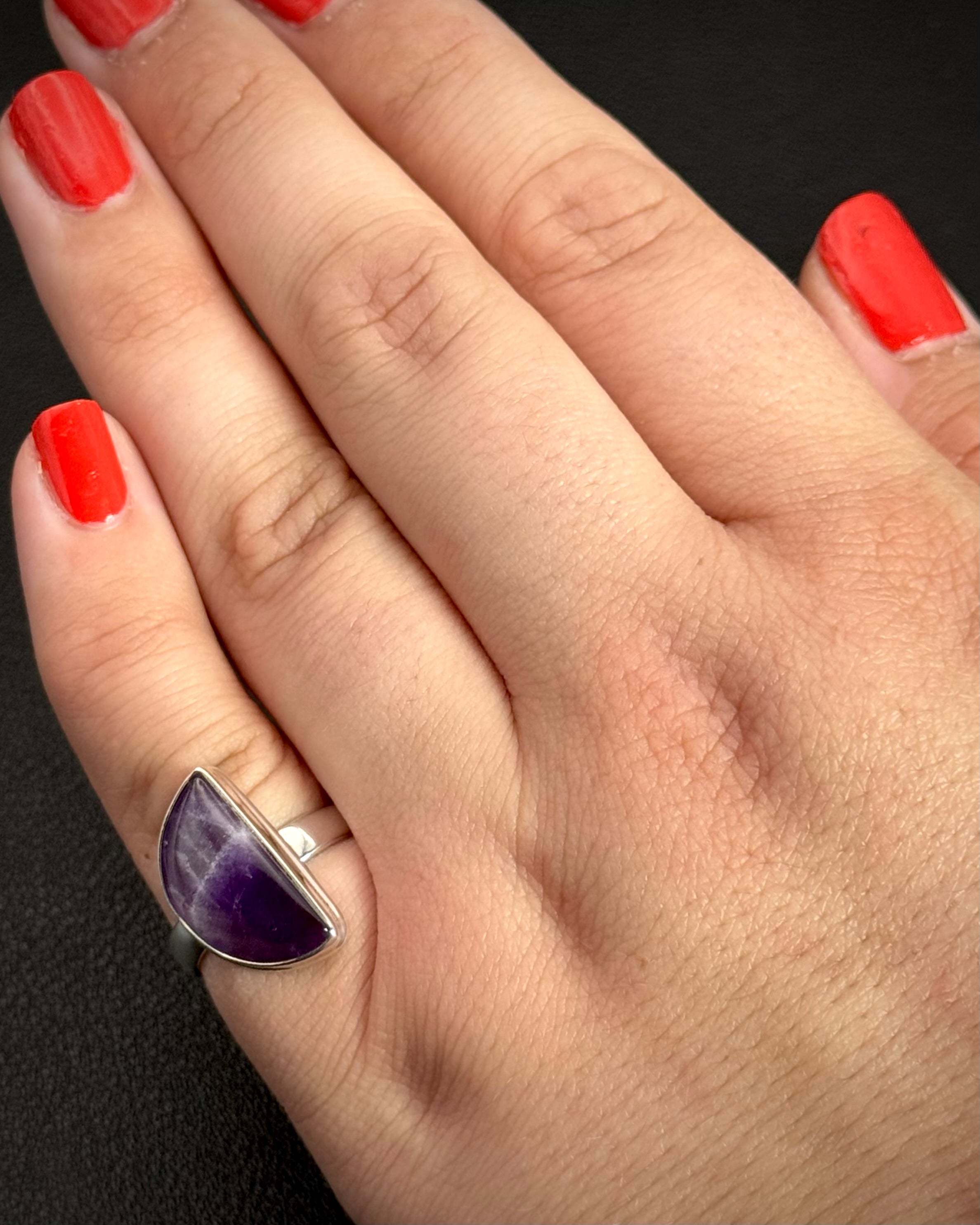 •CHEVRON AMETHYST - LARGE HALF MOON• silver ring (size 6)