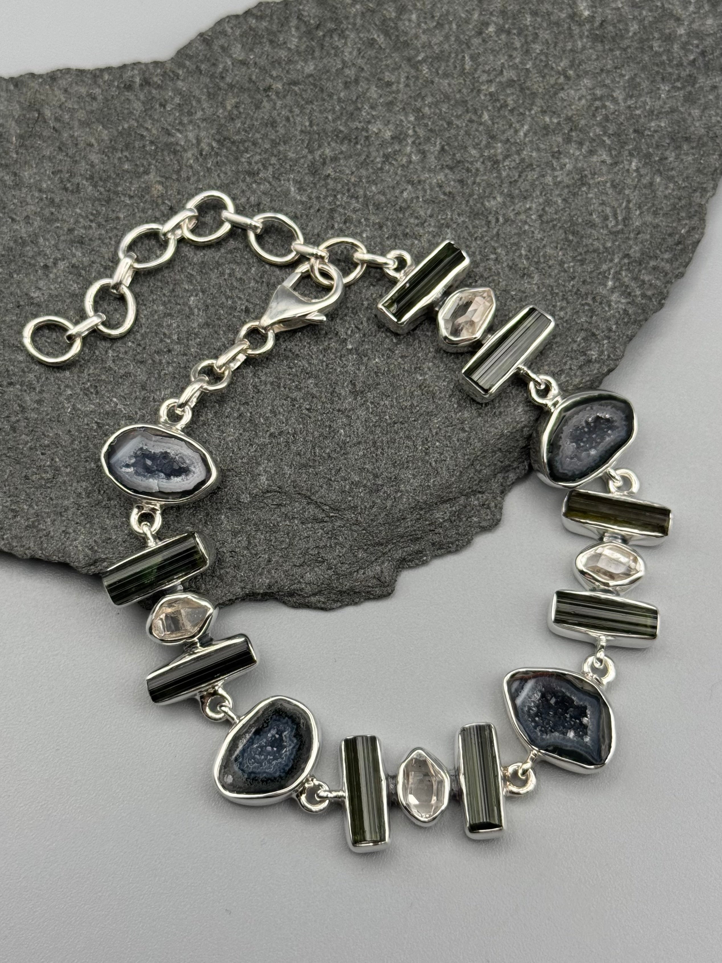 •COCONUT DRUZY + TOURMALINE - MULTI-STONE• linked silver bracelet (7.25" - 9")