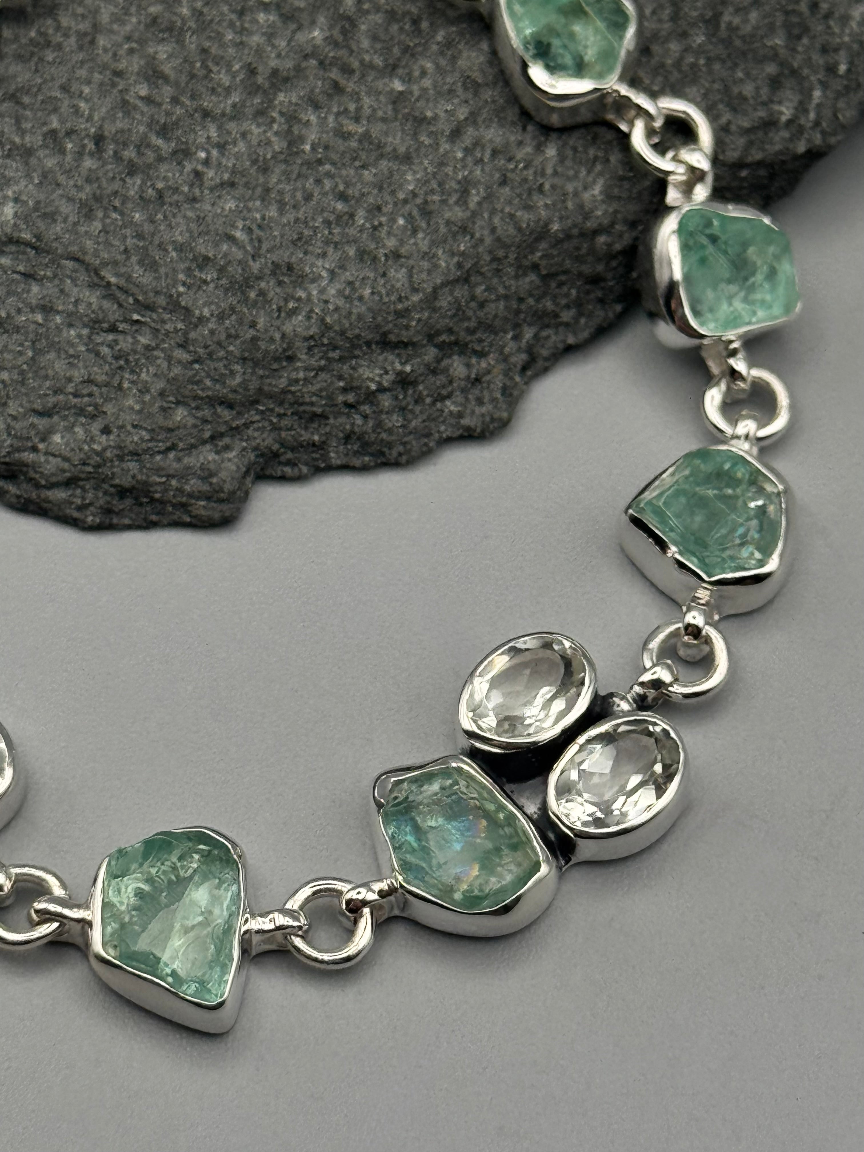 •APATITE + GREEN AMETHYST - CLUSTER• linked silver bracelet (7" - 8.25")