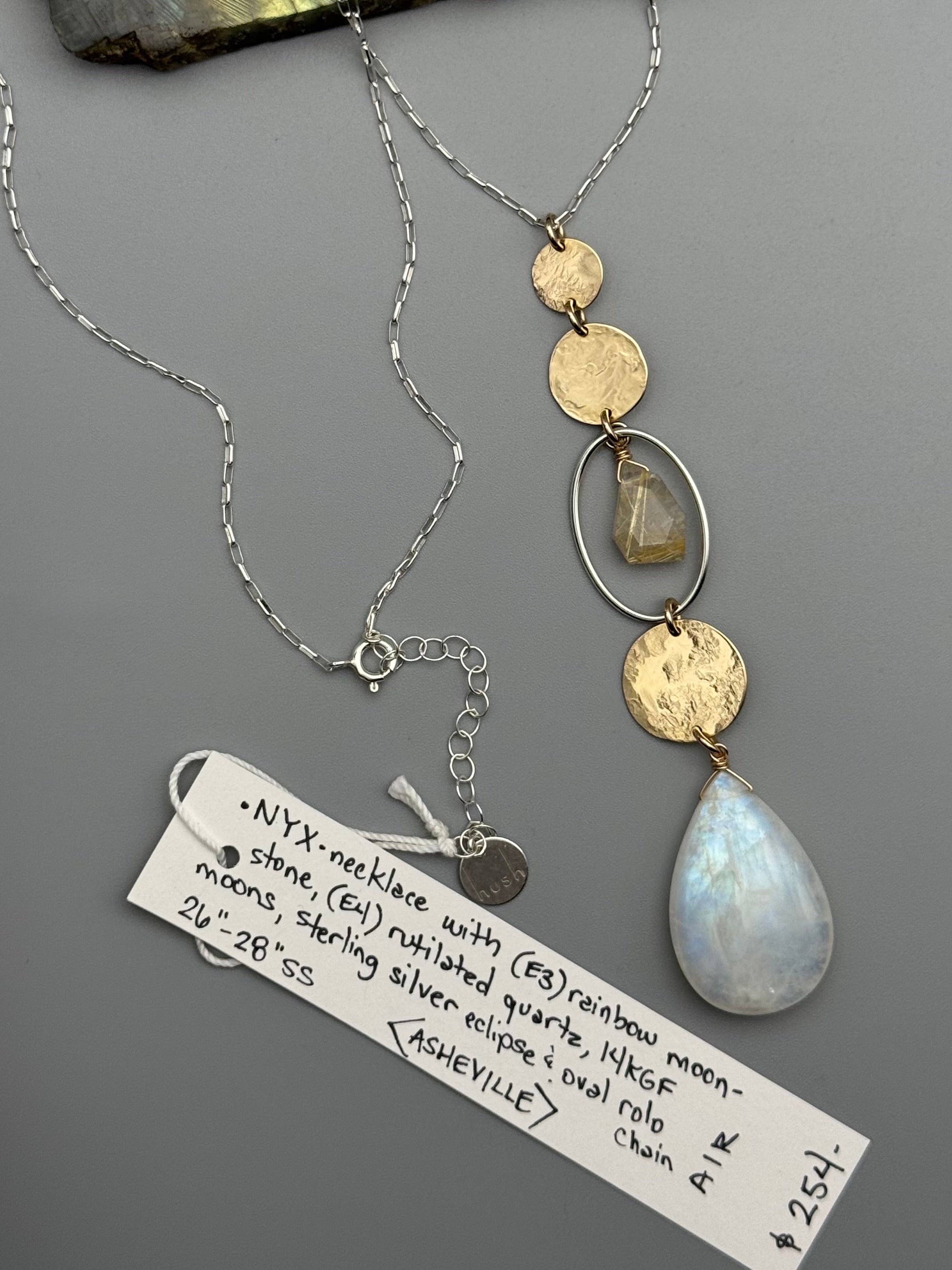 •NYX• rutilated quartz + rainbow moonstone mixed metal necklace (26"-28" long)