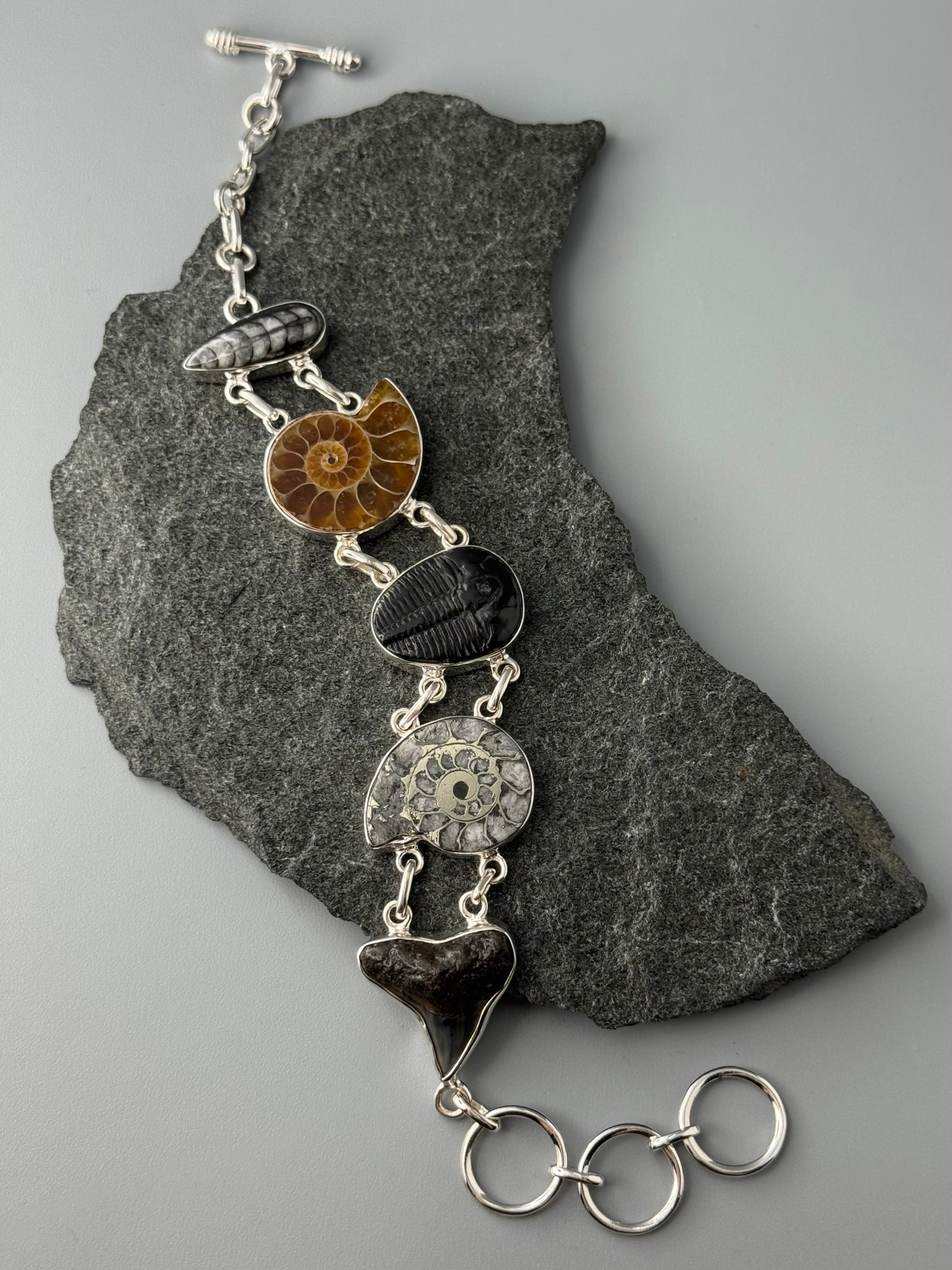 •MULTI FOSSIL• linked silver bracelet (6.75" - 8")