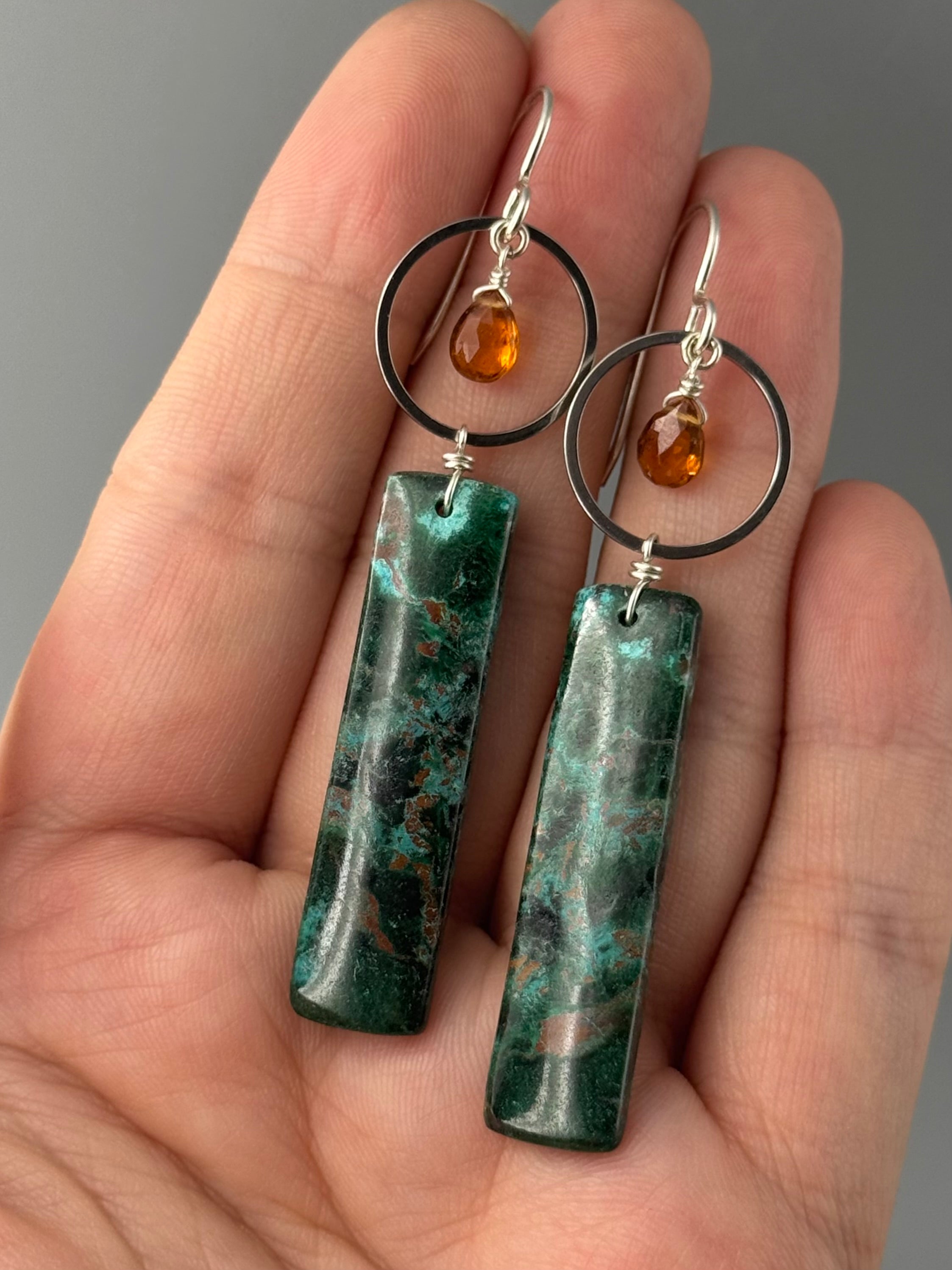 •LUNA• hessonite garnet + malachite silver earrings