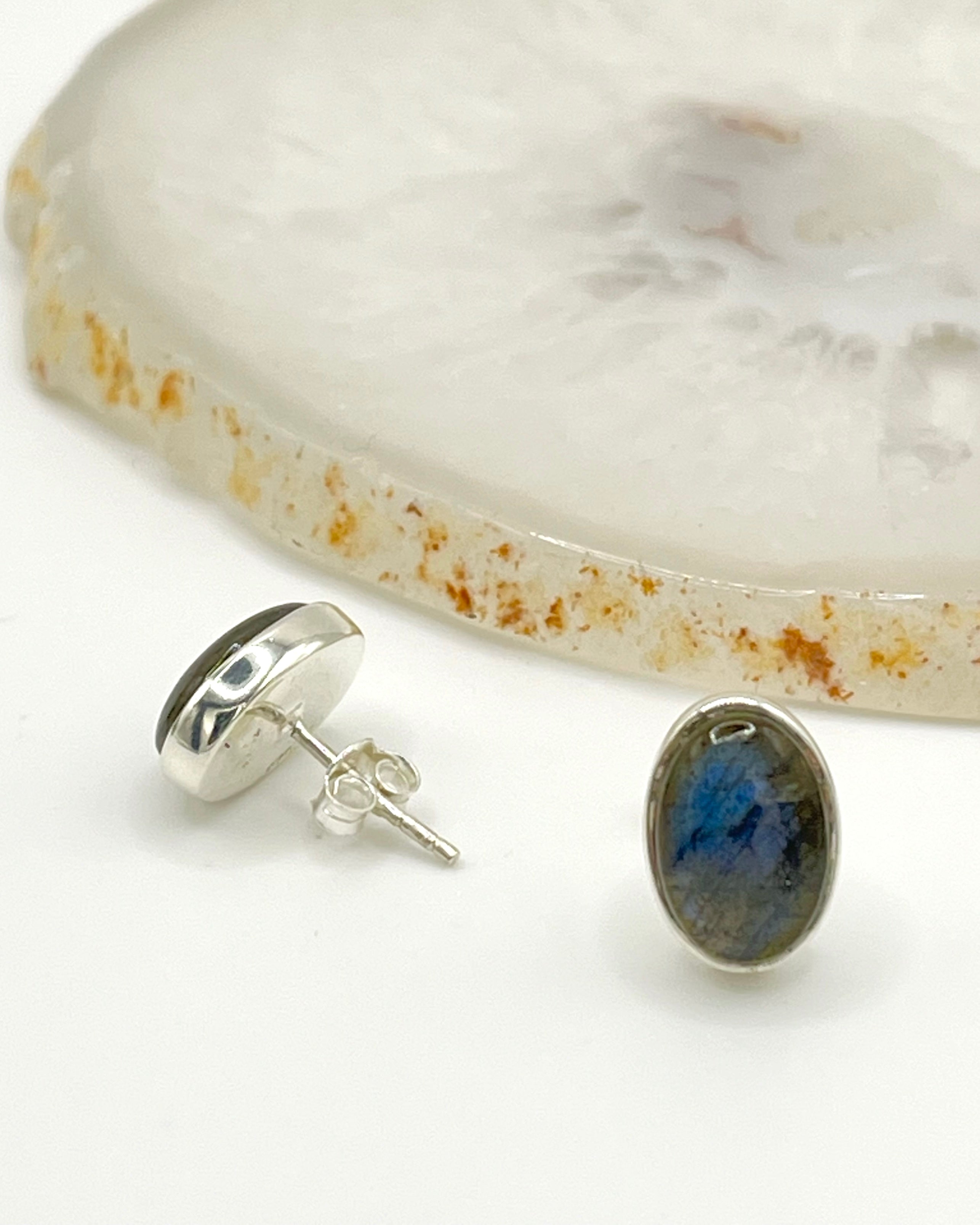 •LABRADORITE - OVAL• silver bezel set stud earrings