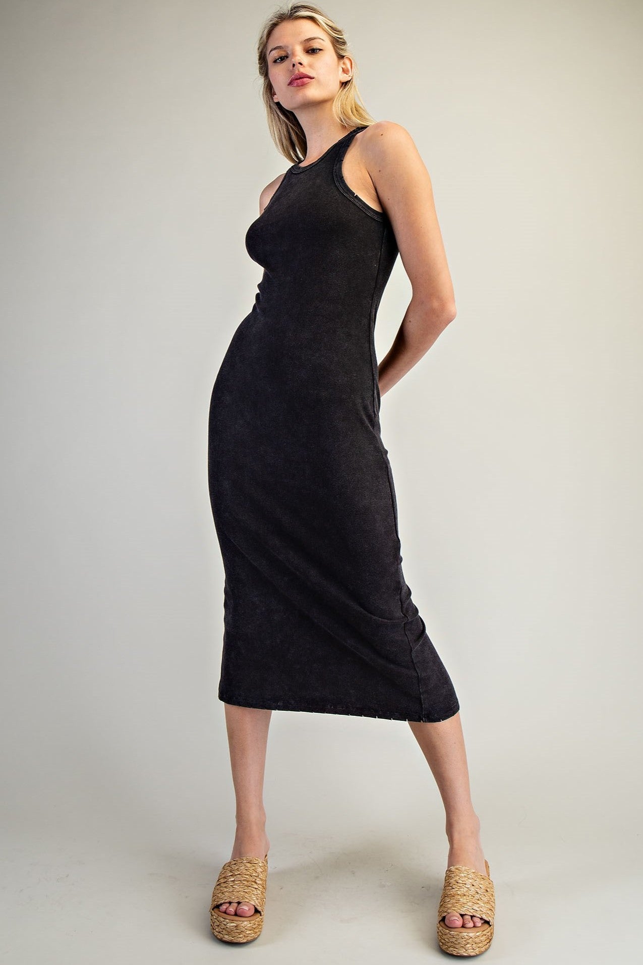 •KEKE• ribbed knit cotton blend midi dress
