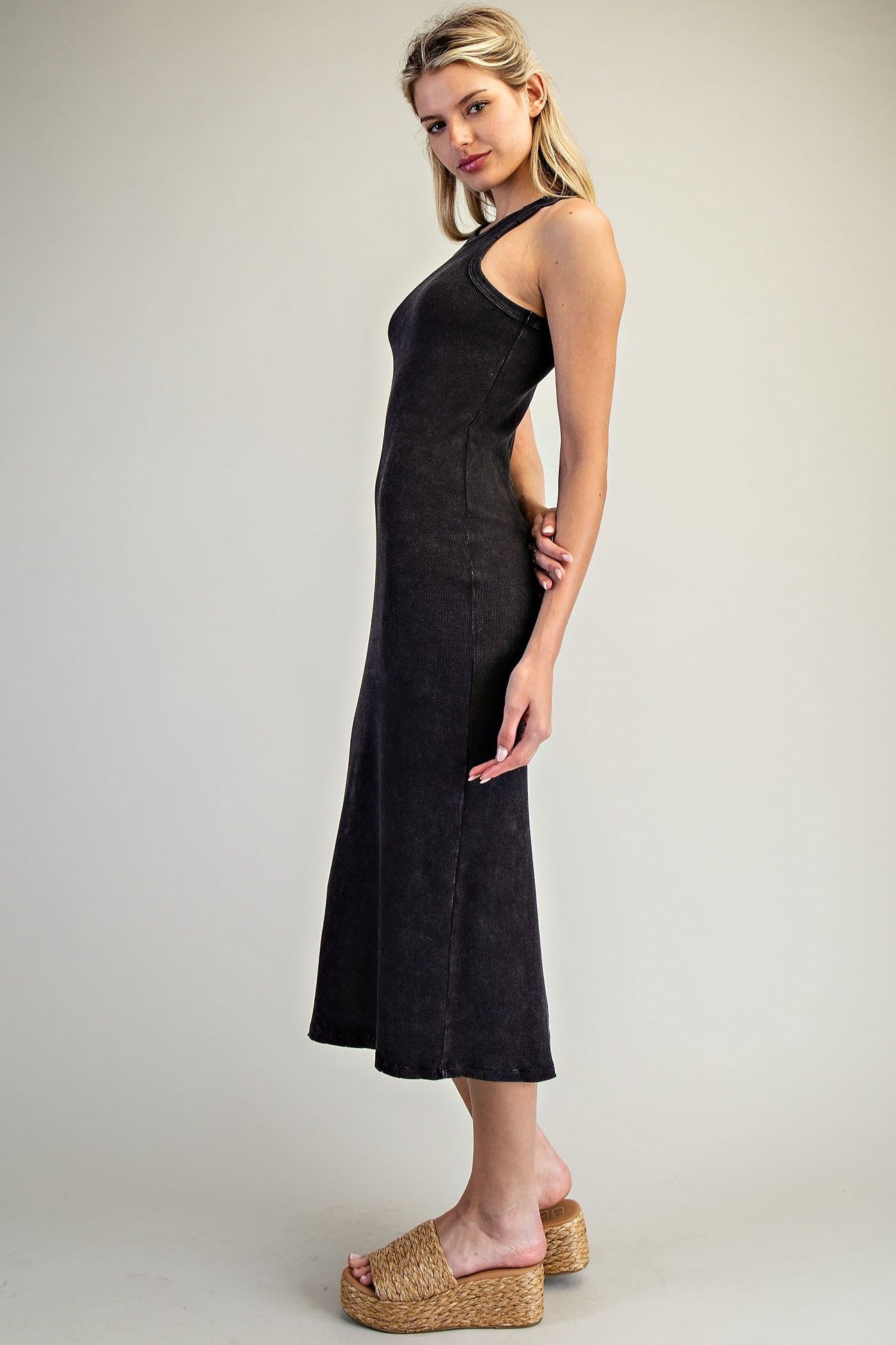 •KEKE• ribbed knit cotton blend midi dress