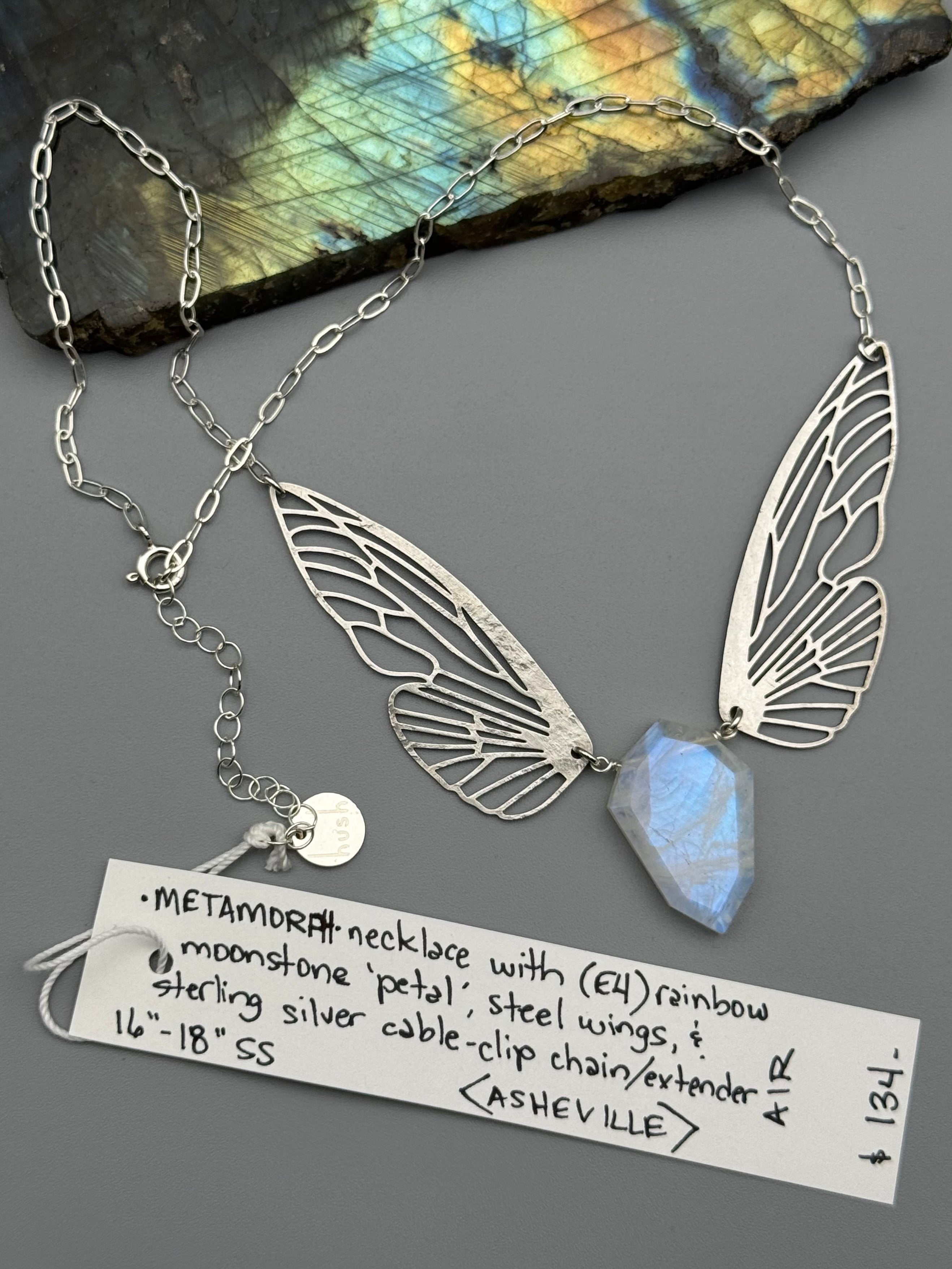 •METAMORPH• rainbow moonstone petal + silver necklace (16"-18" long)