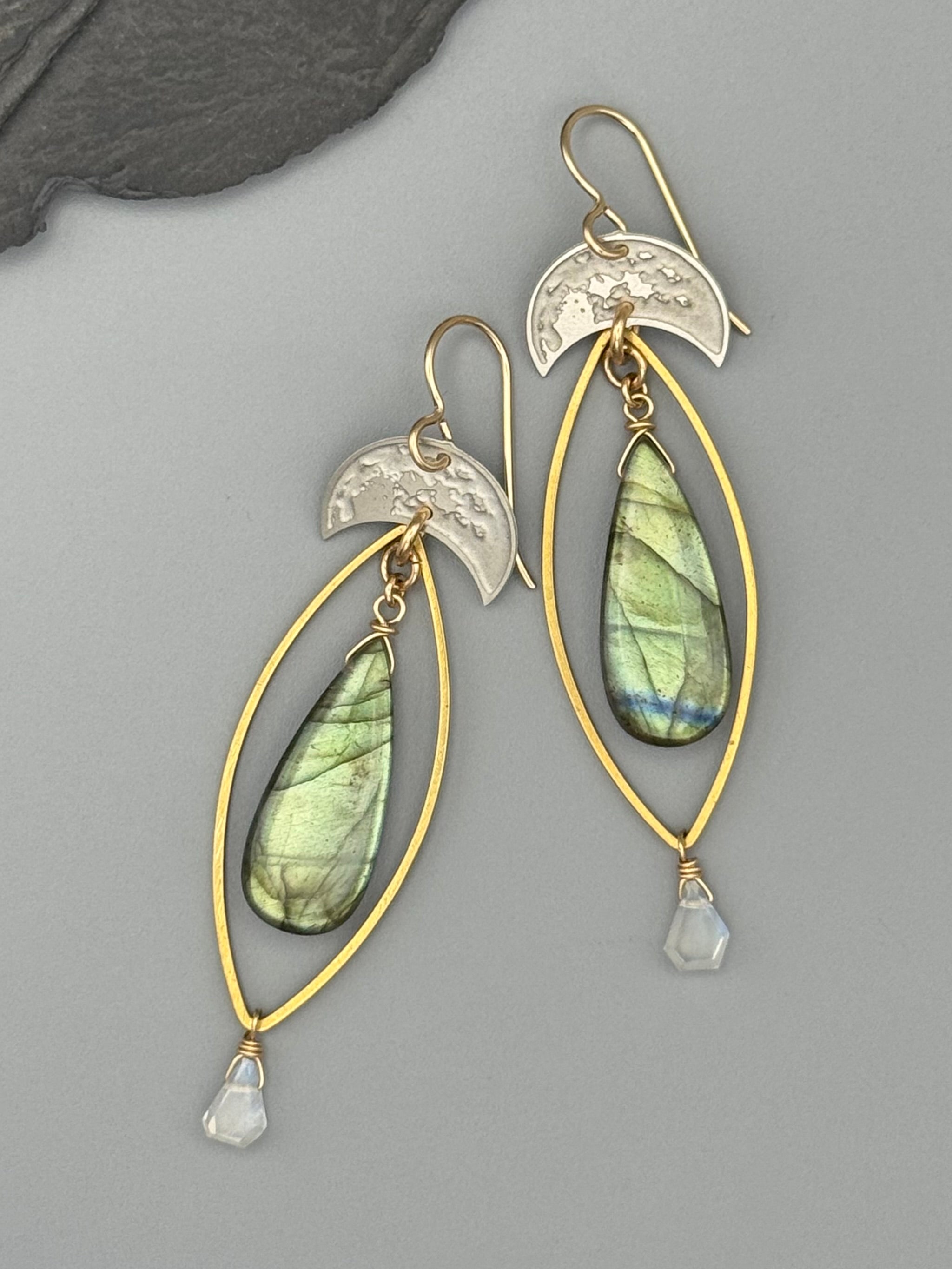 •CRATER MOON MARQUISE• labradorite + rainbow moonstone mixed metal earrings