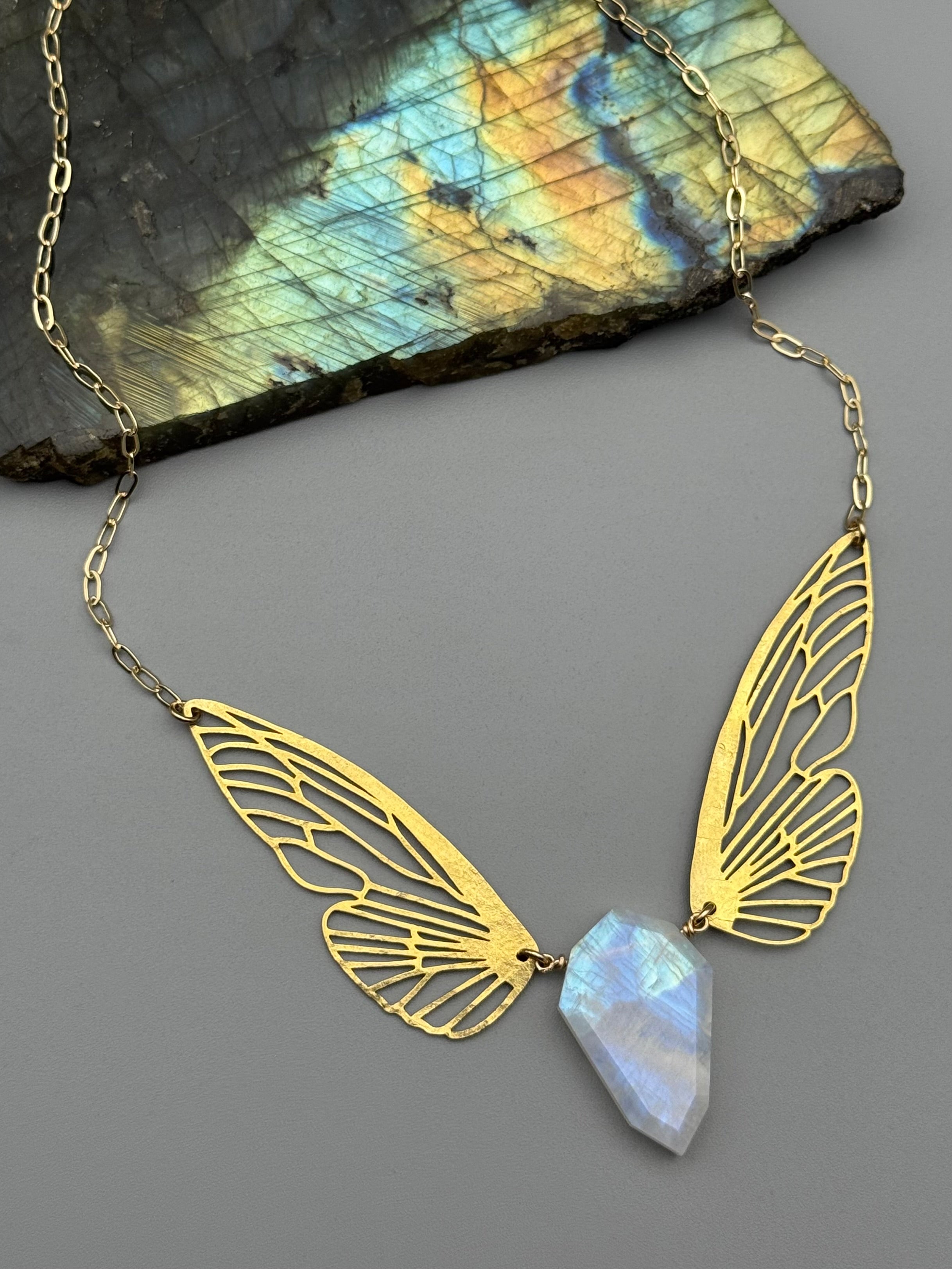 •METAMORPH• rainbow moonstone petal + gold necklace (16"-18" long)