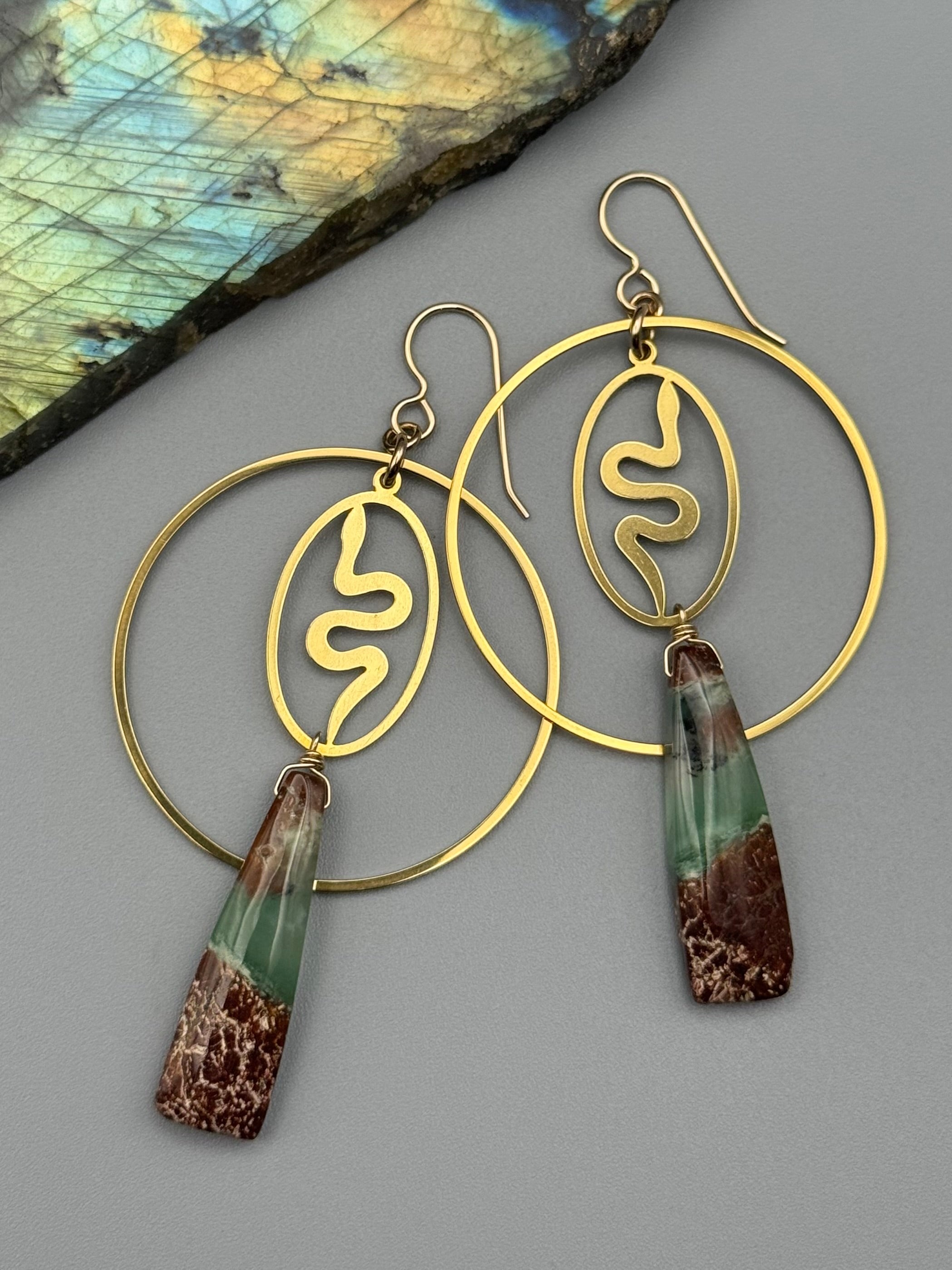 •SLITHER HOOPS• chrysoprase tower + gold earrings