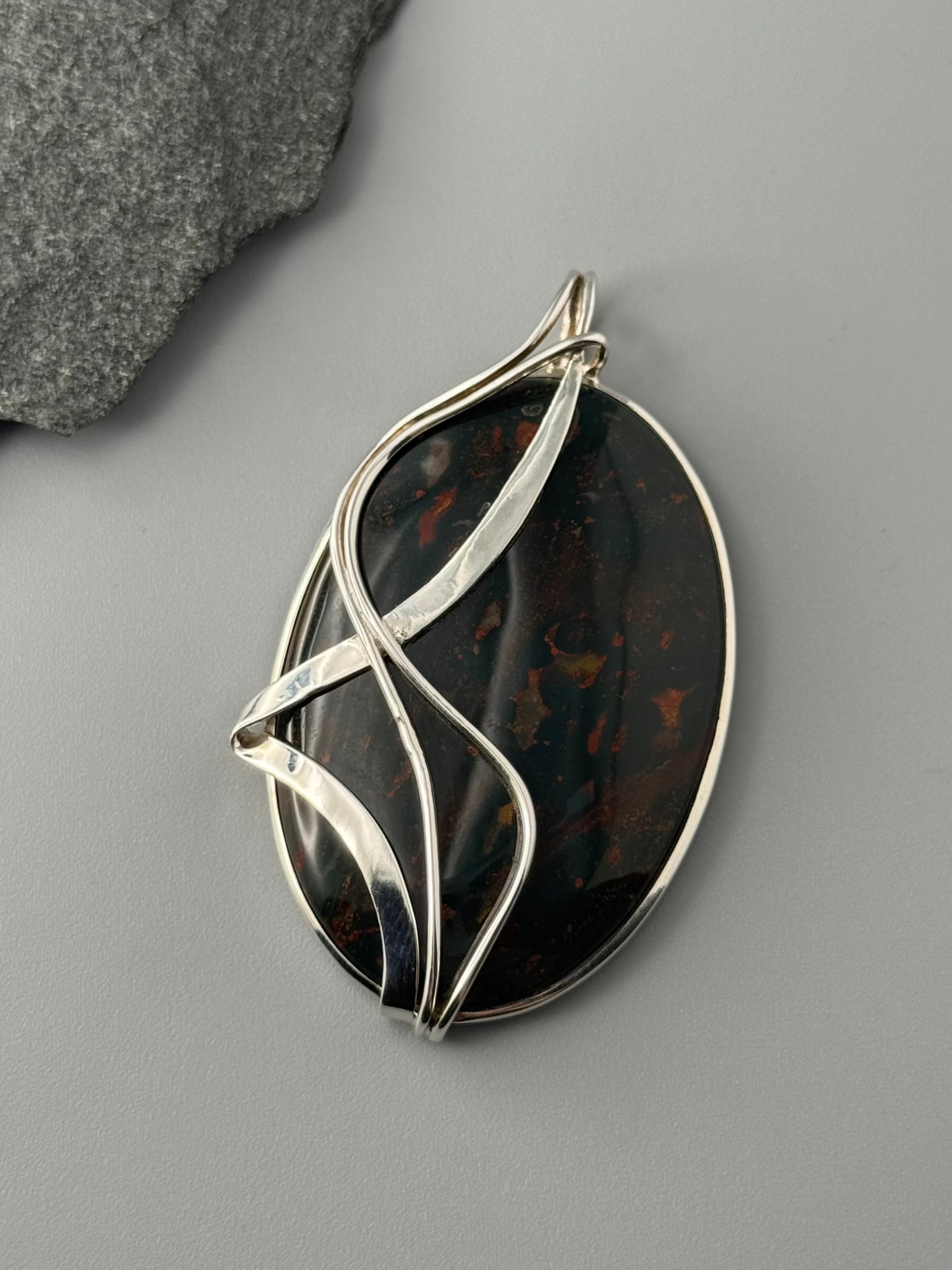 •BLOODSTONE - WIRE WRAPPED OVAL - 2• sterling silver pendant