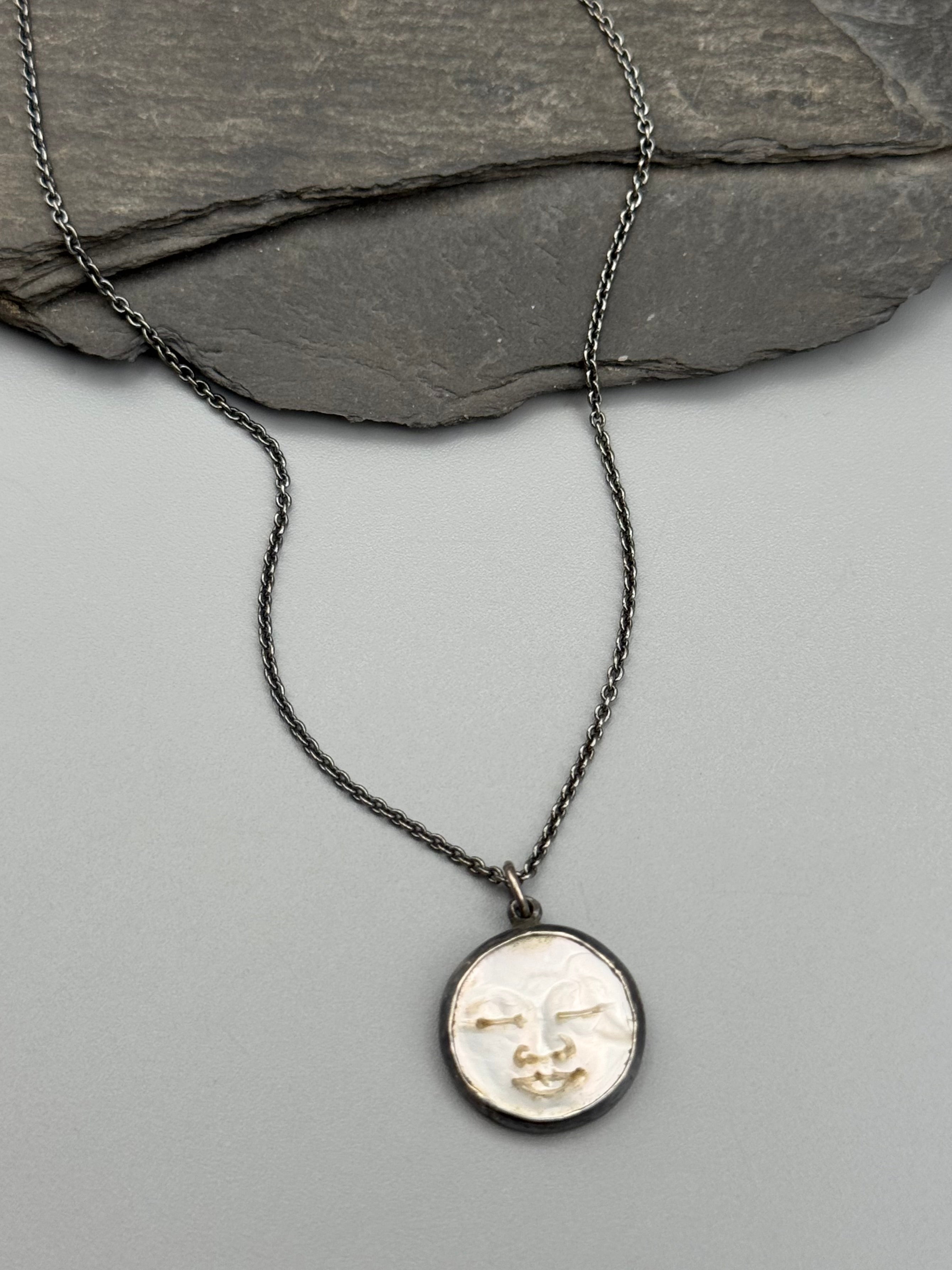 •PEARLESCENT LUNA• carved mother of pearl + silver necklace (16" long)