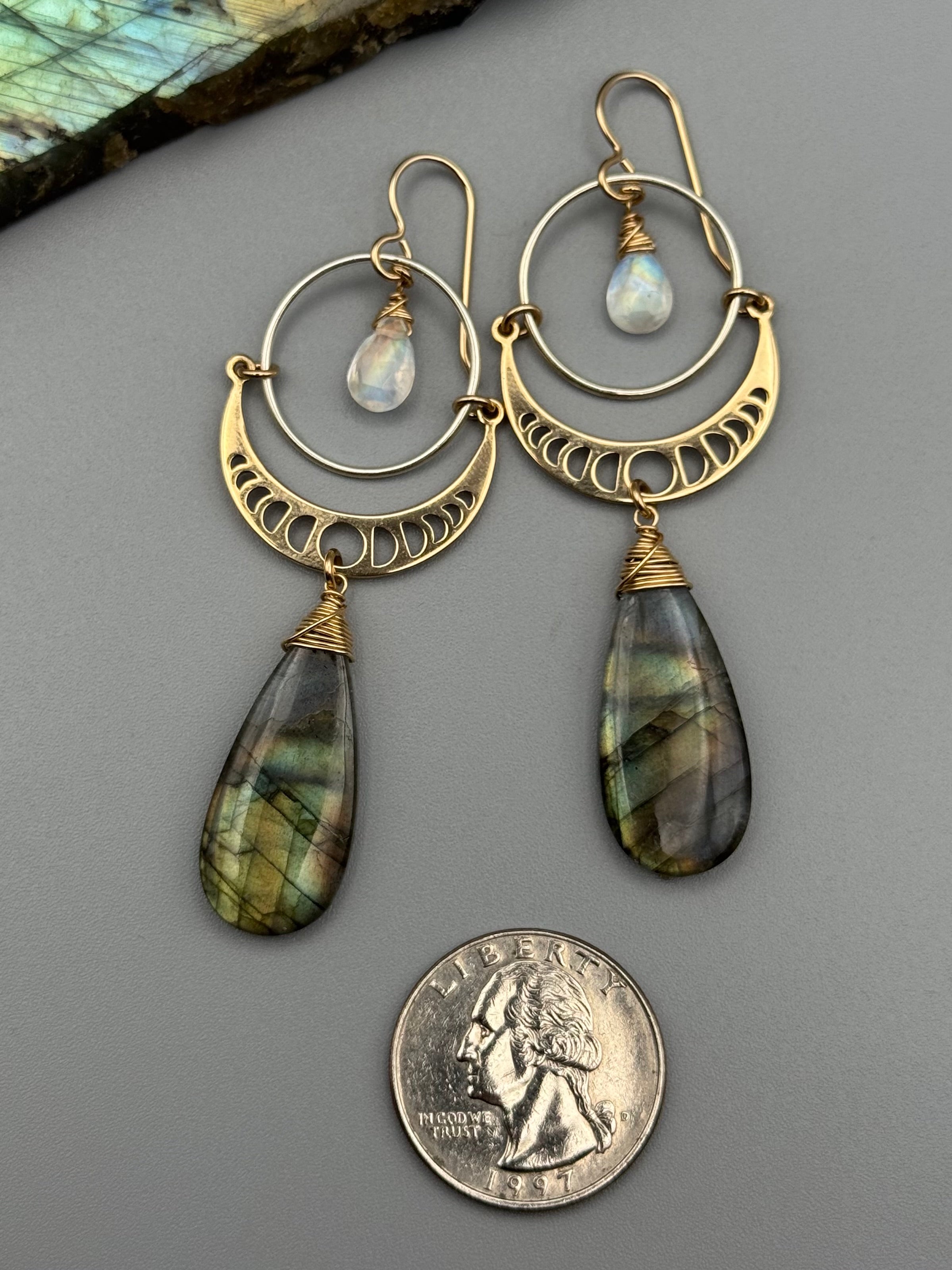 •MOON SHADOWS• rainbow moonstone + labradorite mixed metal earrings