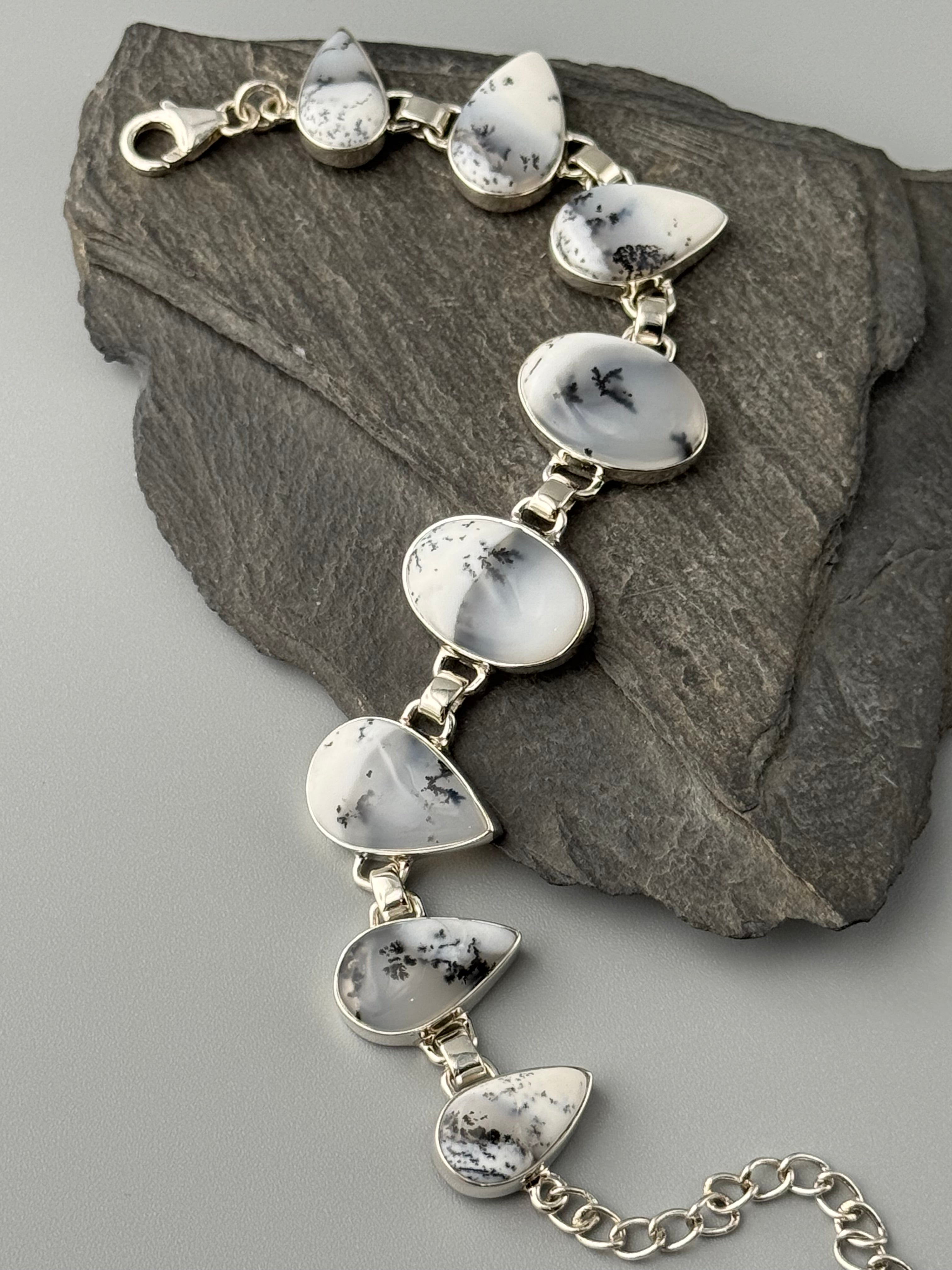 •DENDRITIC OPAL - GEO MIX• linked silver bracelet (6.25" - 7.5")