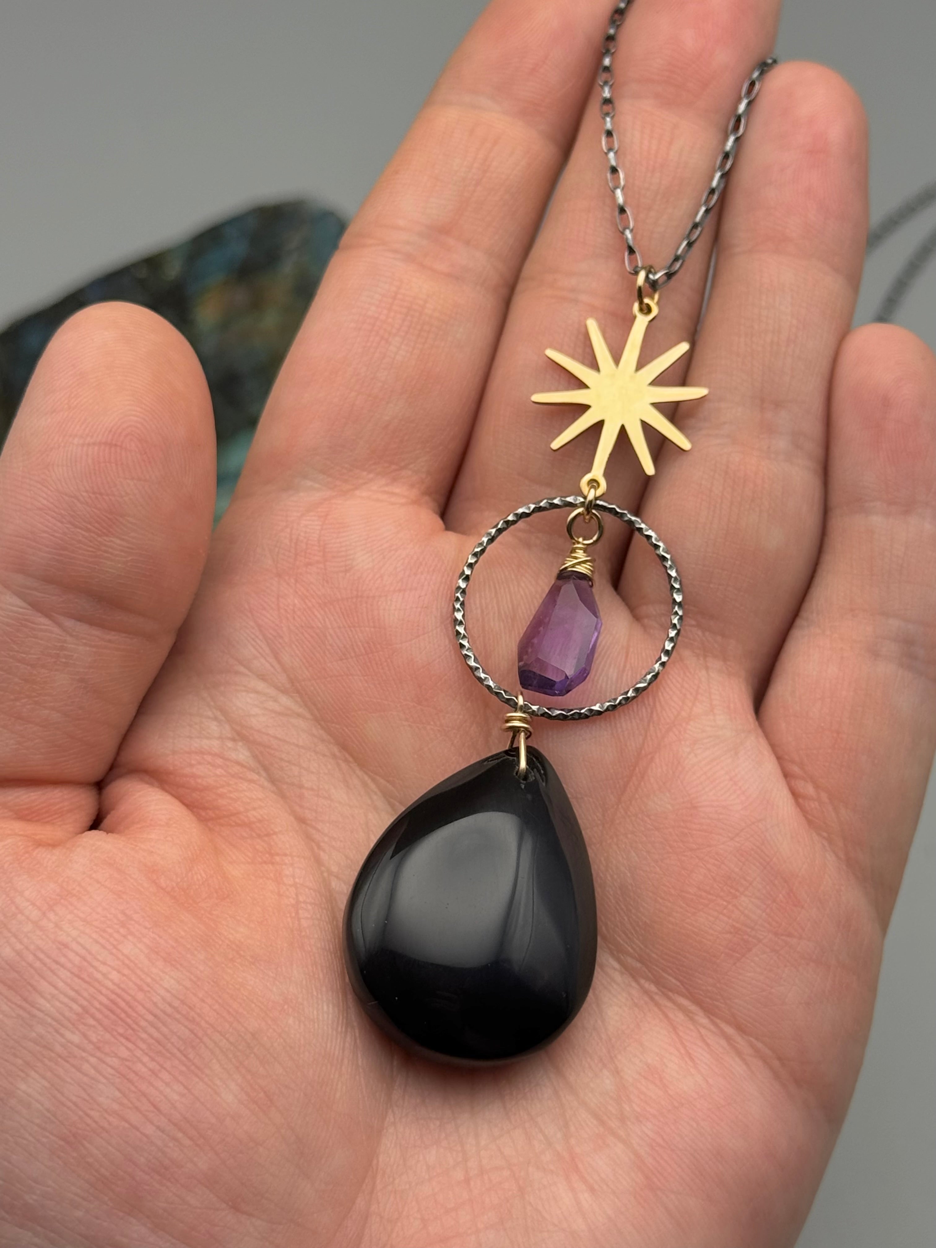 •NYX• rainbow obsidian + amethyst mixed metal necklace (26"-28" long)