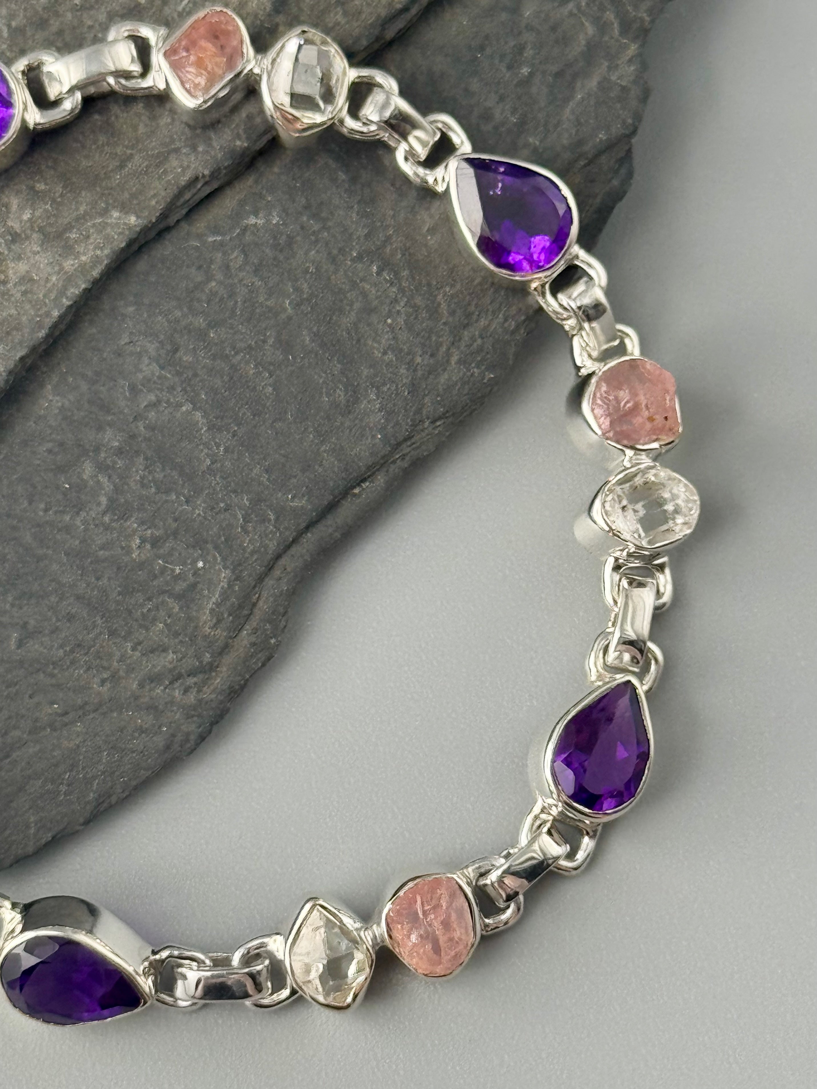 •AMETHYST + ROSE QUARTZ + HERKIMER• linked silver bracelet (6.75" - 8")