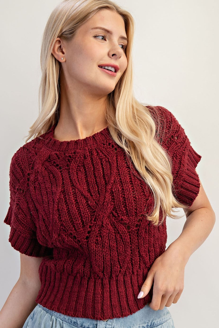 •MORGAN• cable knit short sleeve sweater