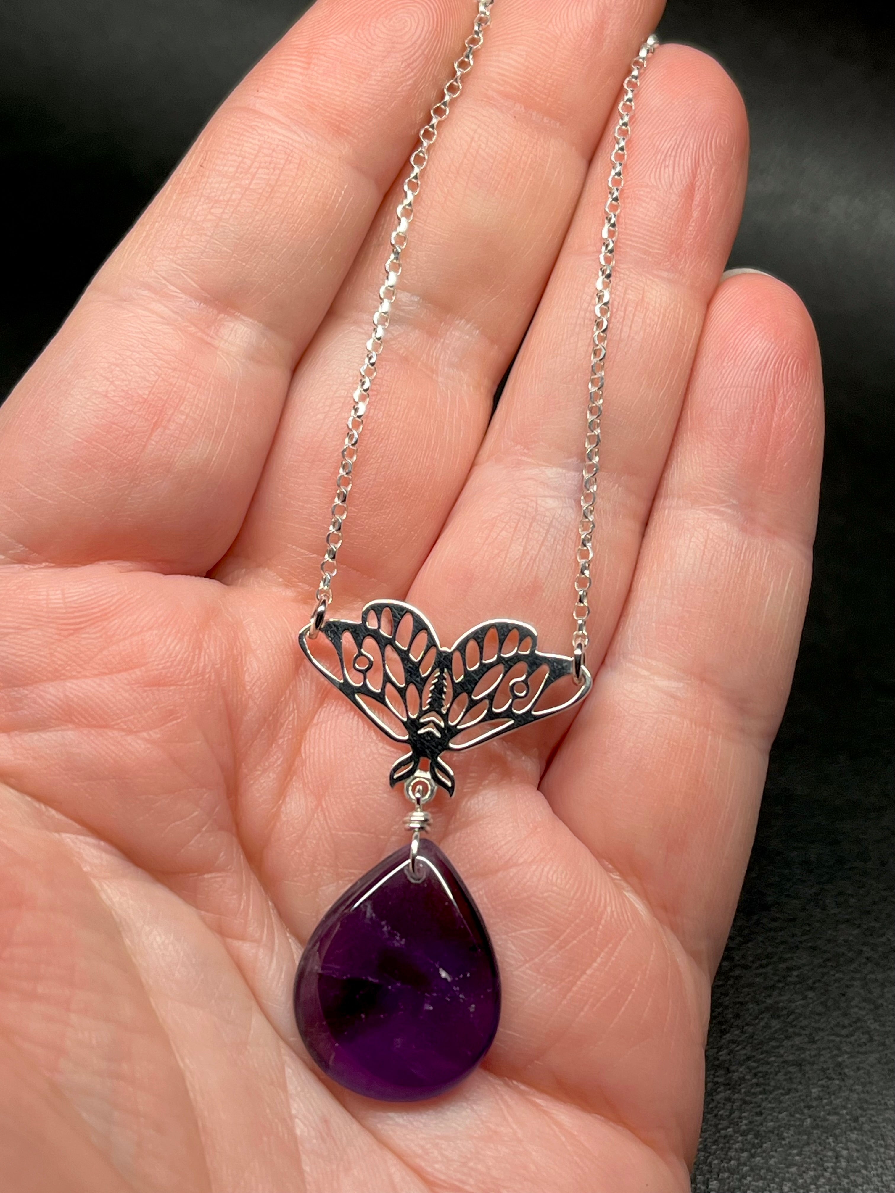 •GUIDE• amethyst + moth + silver necklace (16"-18")