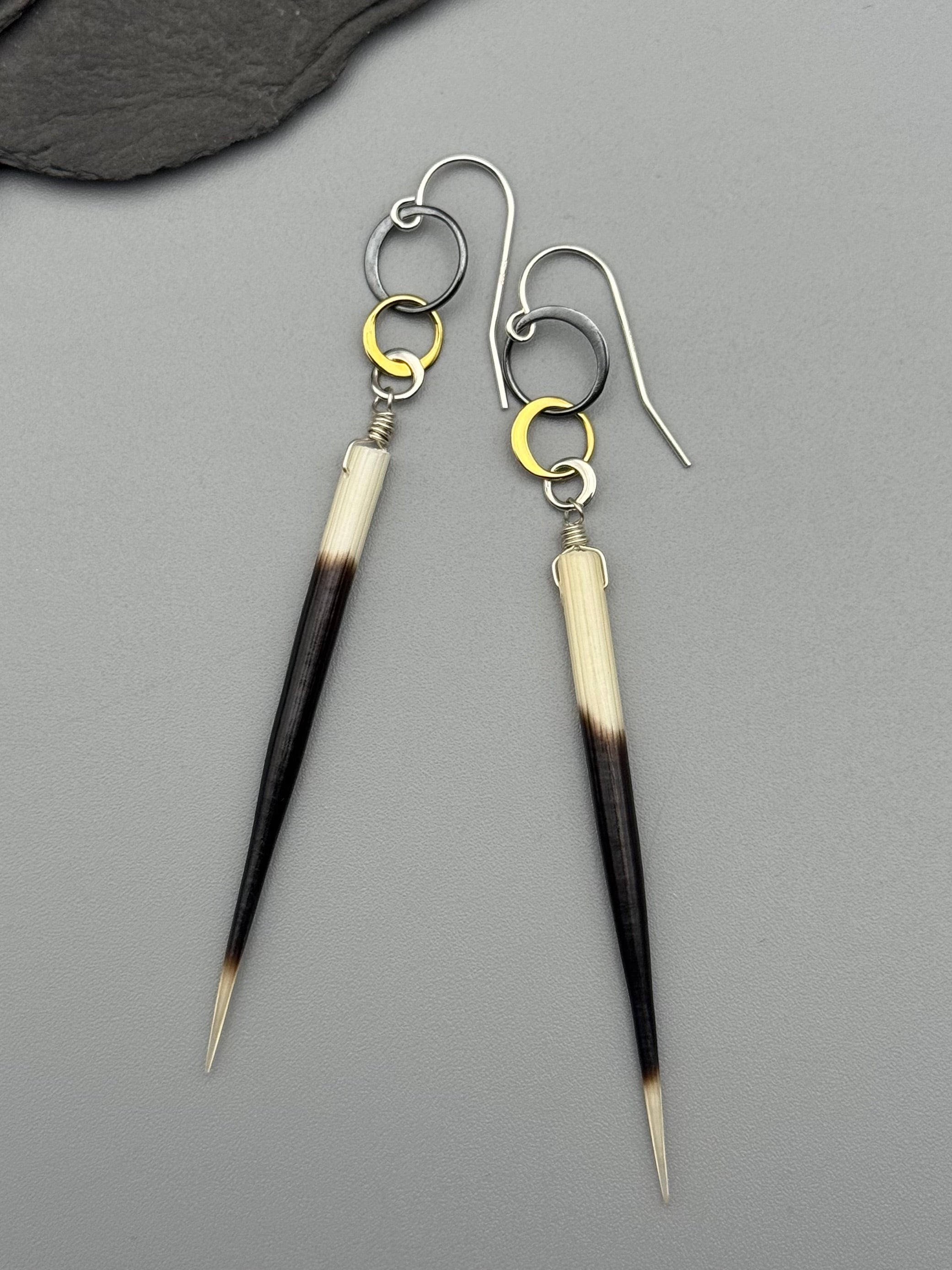 •TRIPLE HOOP• porcupine quill + mixed metal earrings