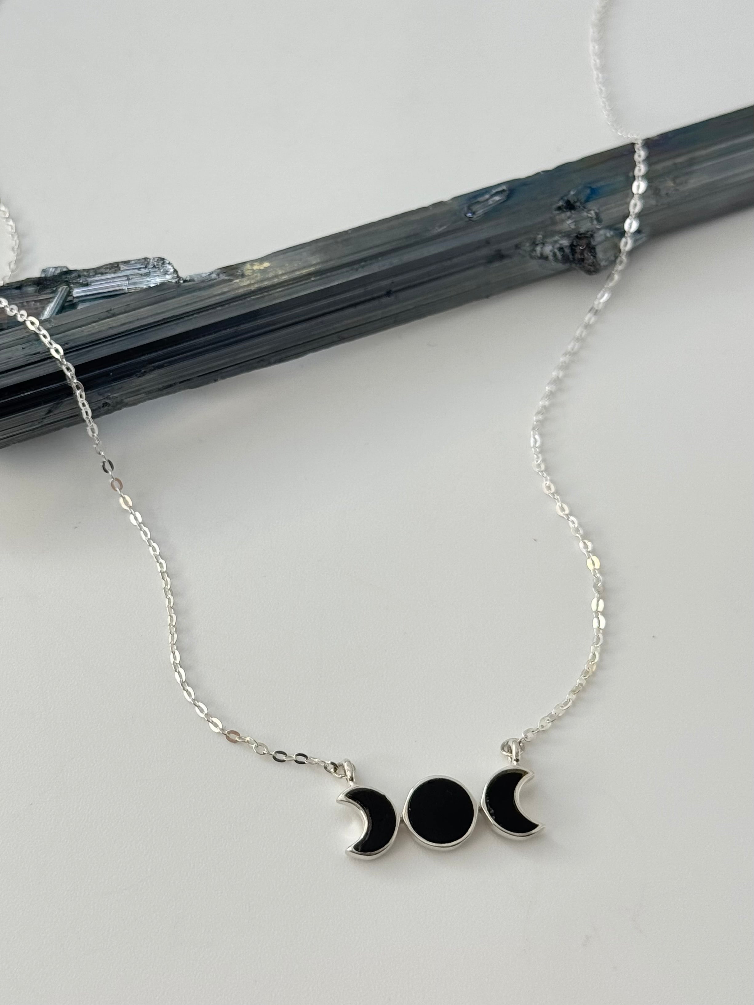 •SMALL MOON PHASE• black tourmaline + silver necklace (16"-18" long)