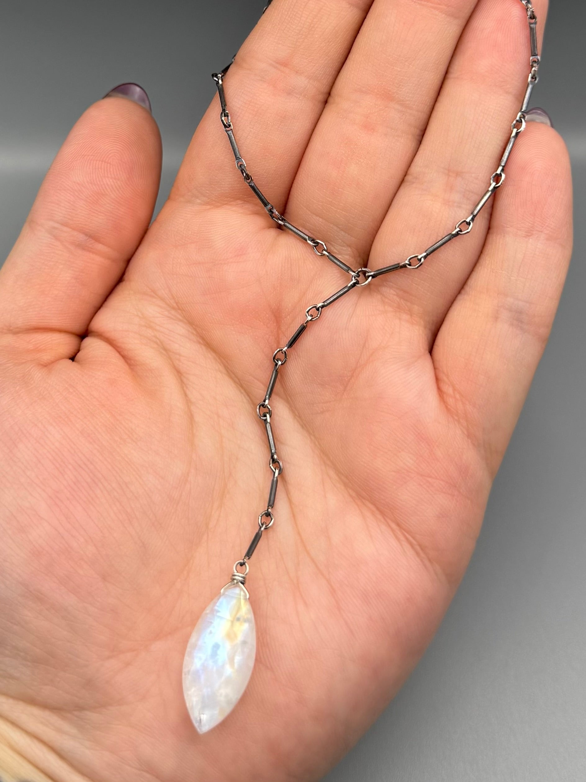 •STICKS & STONE• rainbow moonstone marquise + silver necklace (18"-20" + 3" drop)