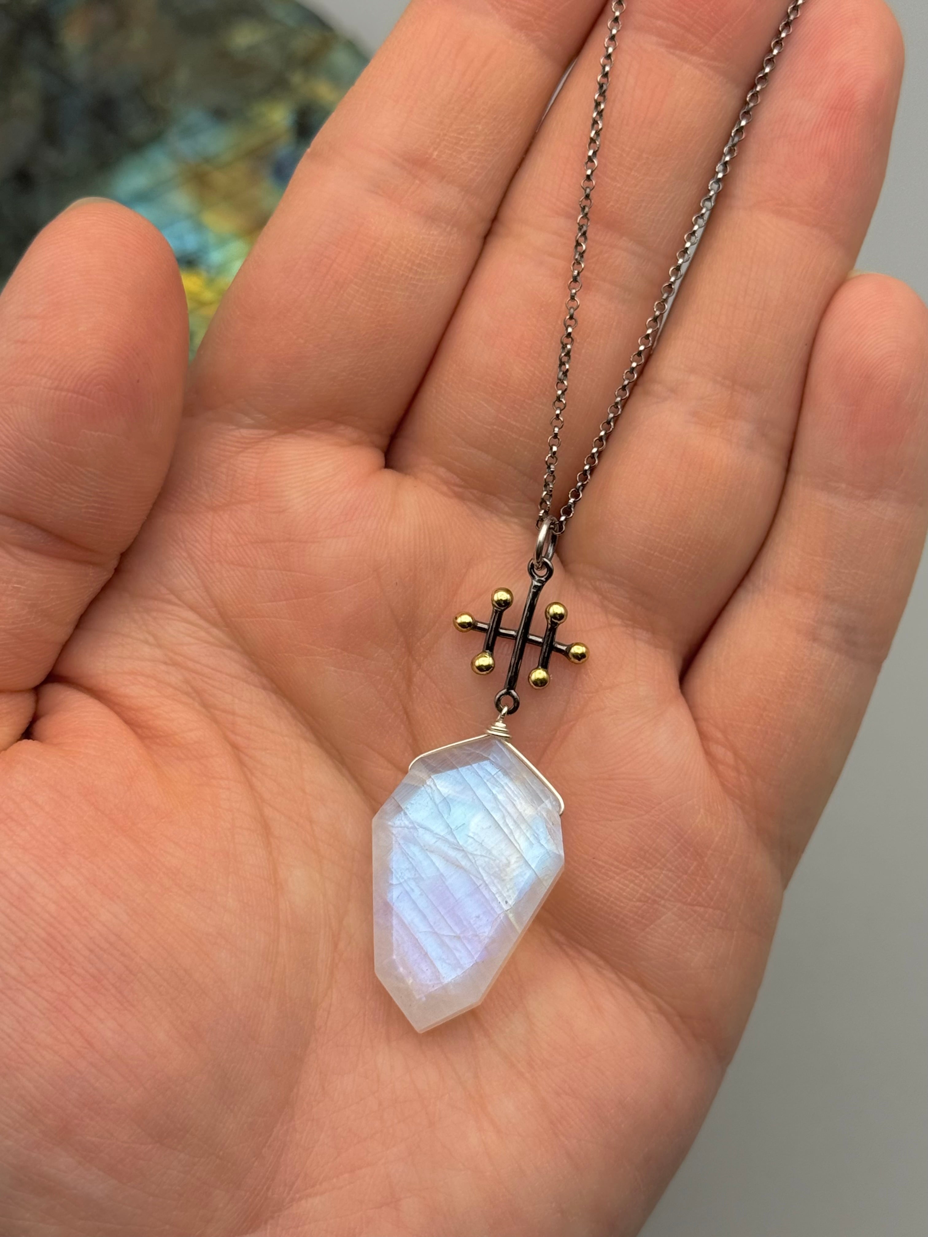 •INVOKE• rainbow moonstone + mixed metal necklace (26"-28" long)