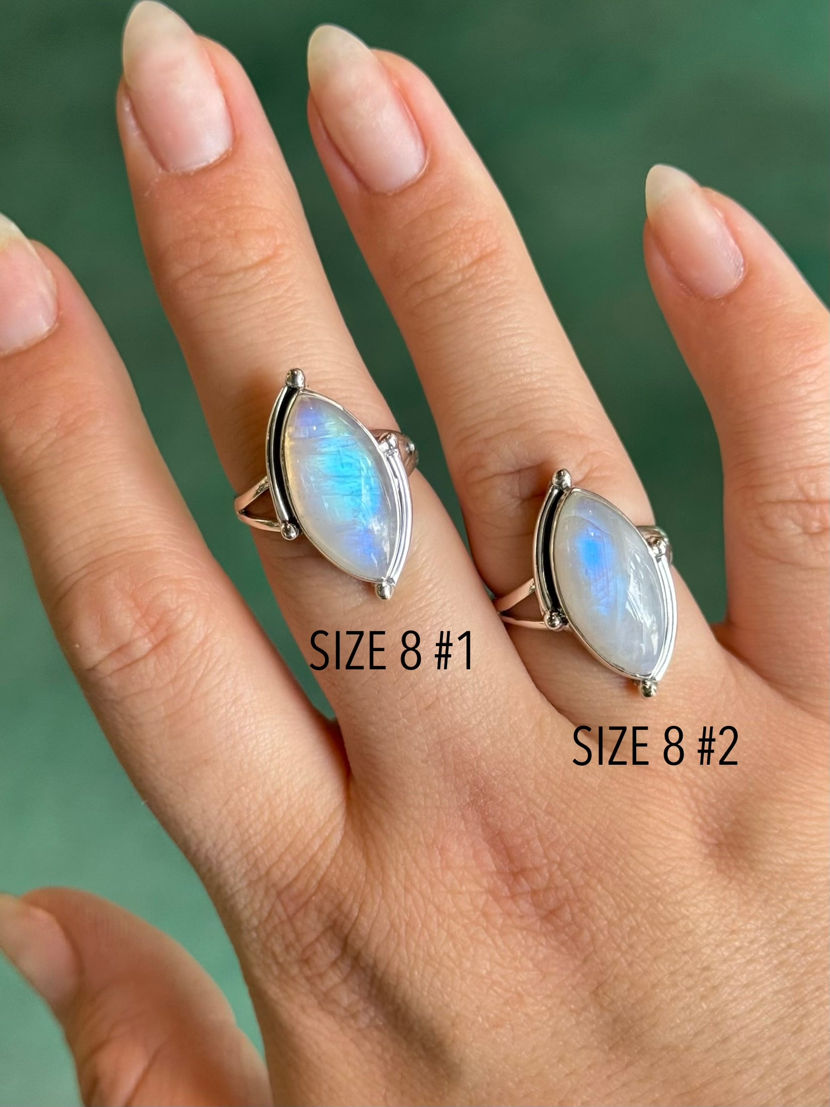 •RAINBOW MOONSTONE - BARBELLS• split band silver ring (size 8)
