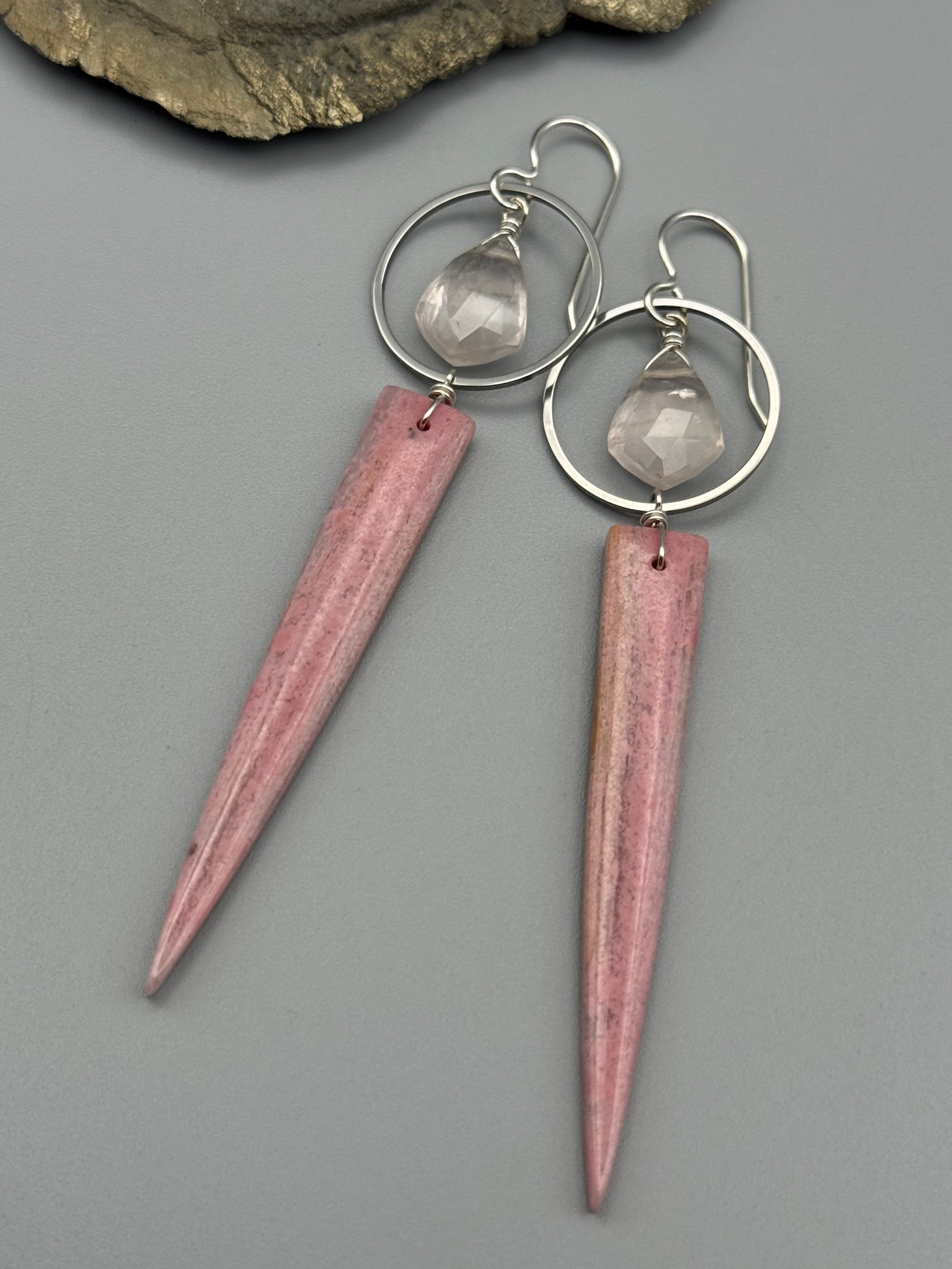 •LUNA• rose quartz + rhodonite in quartz silver earrings