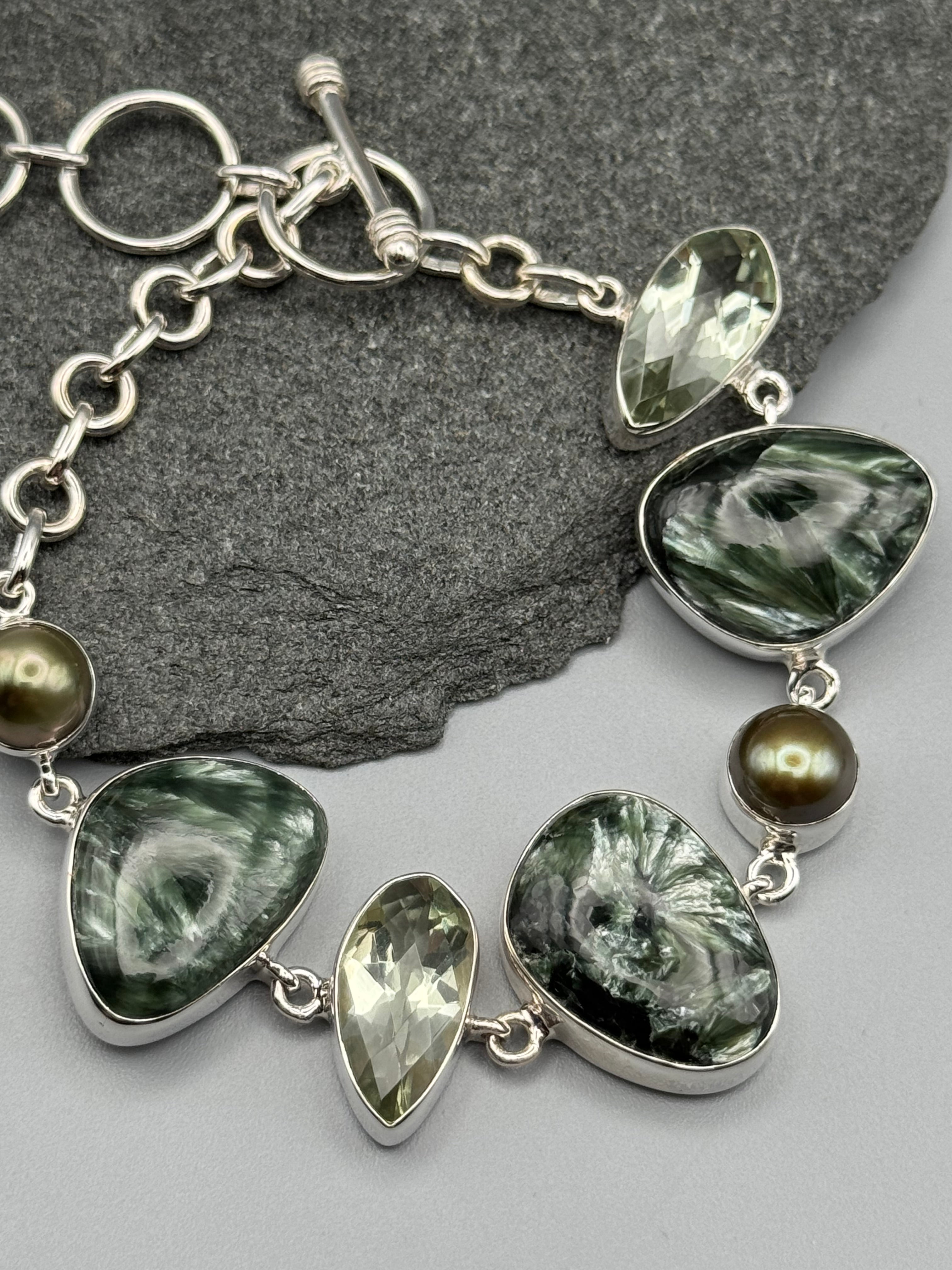 •SERAPHINITE - MULTI-STONE• linked silver bracelet (7.25" - 8.5")
