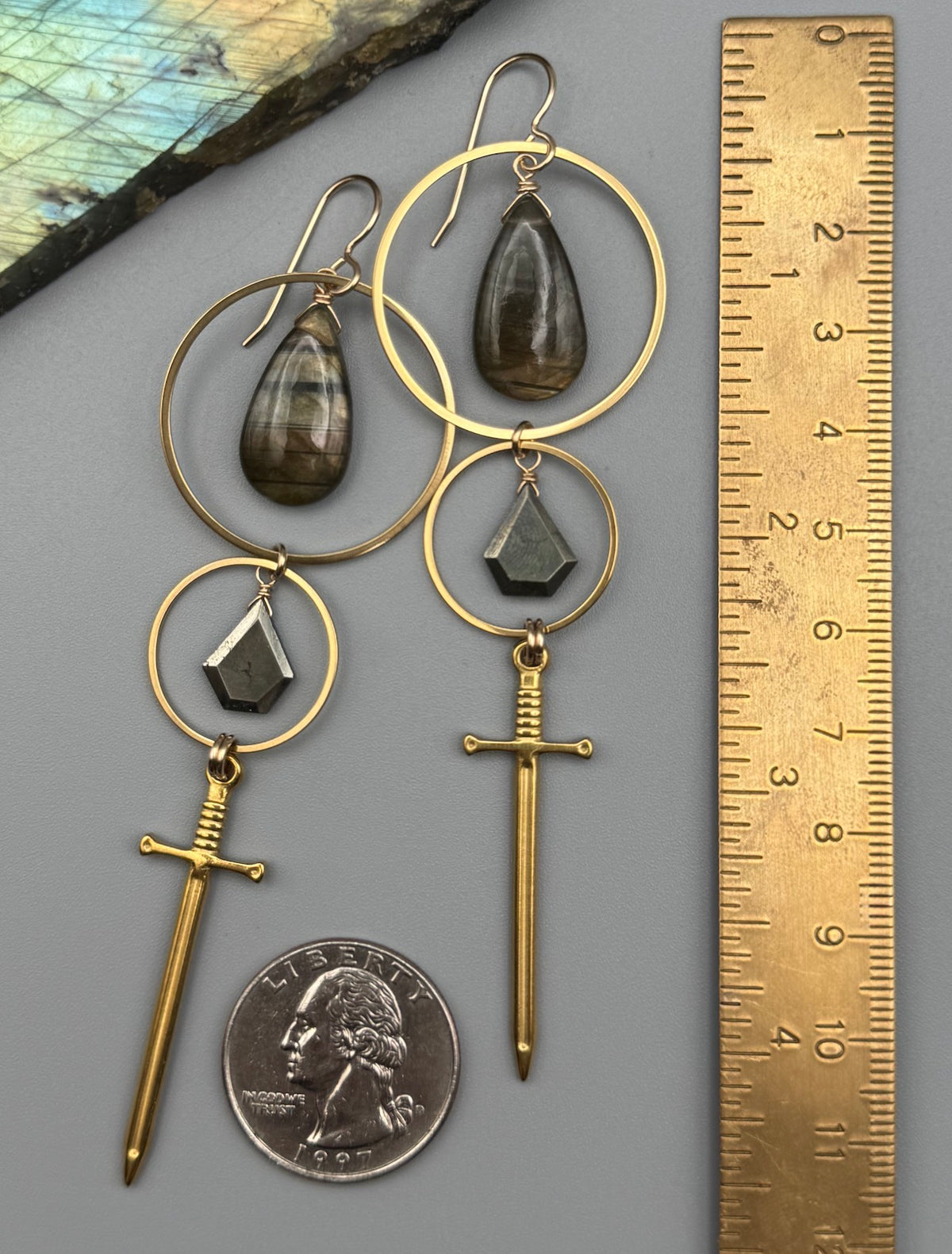 •AELIN• golden labradorite tear + pyrite gold earrings