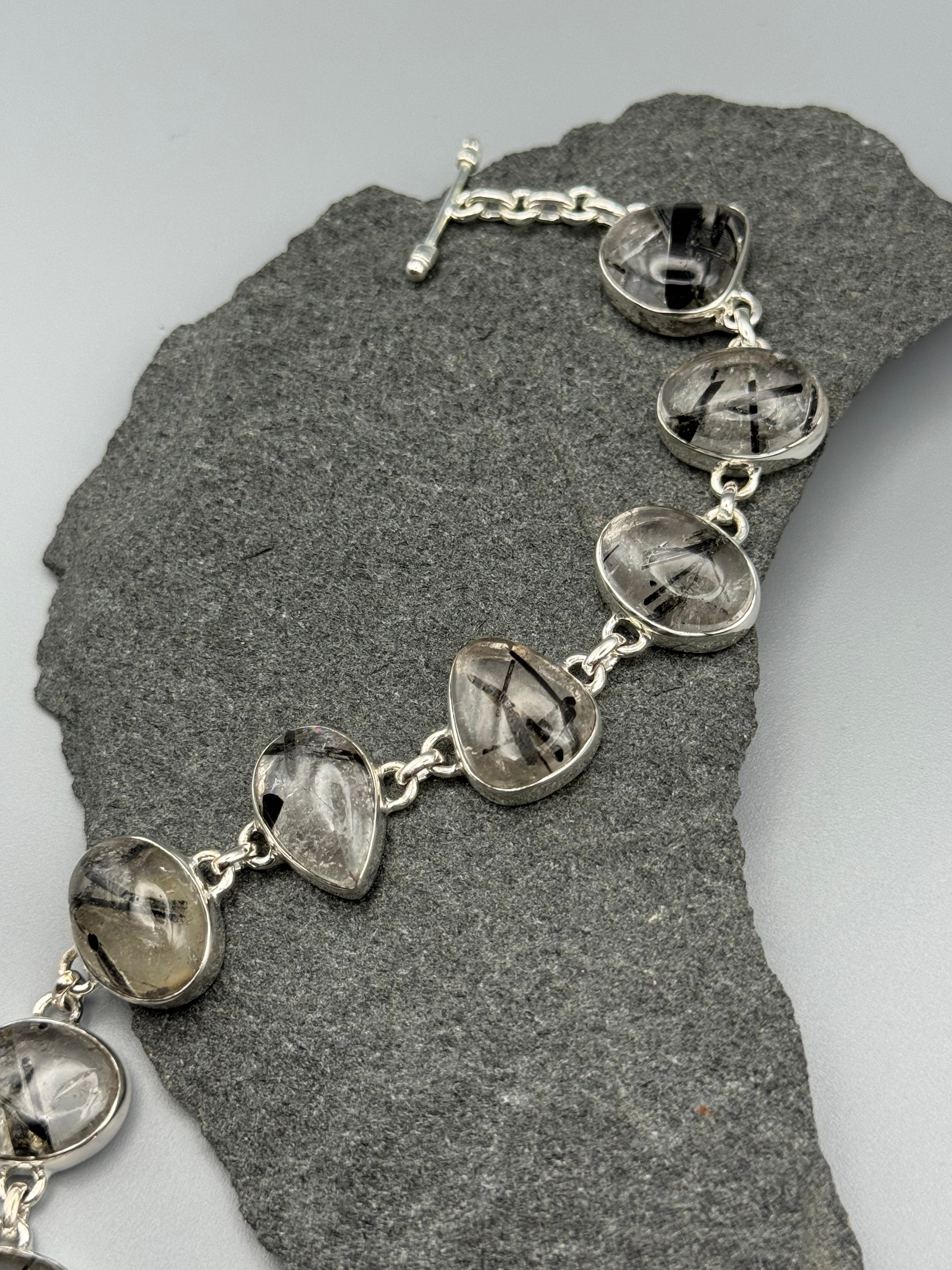 •TOURMALINATED QUARTZ - GEO MIX• linked silver bracelet (7" - 8.5")