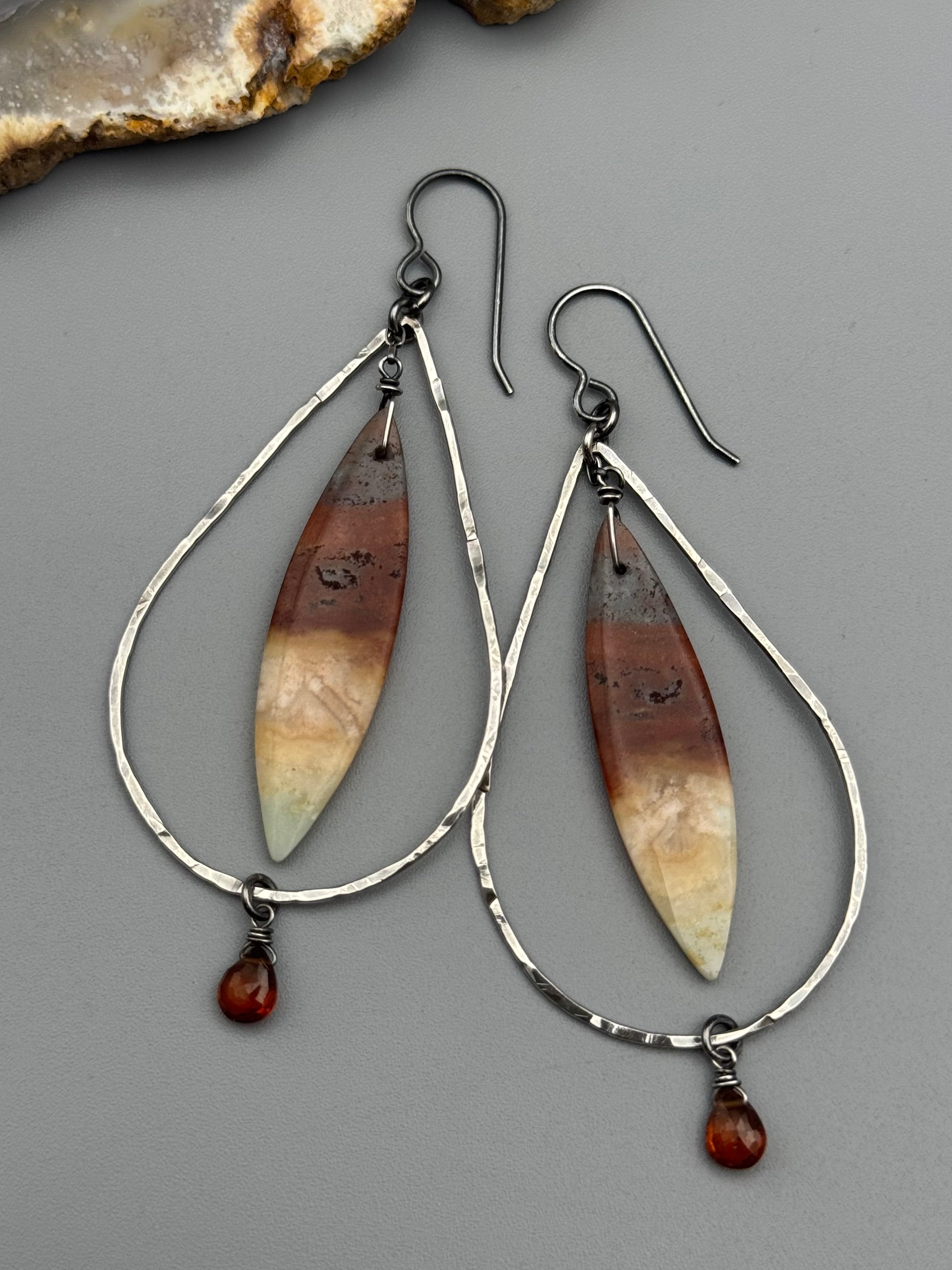 •DRIP DROP• opalized wood jasper + hessonite garnet silver earrings
