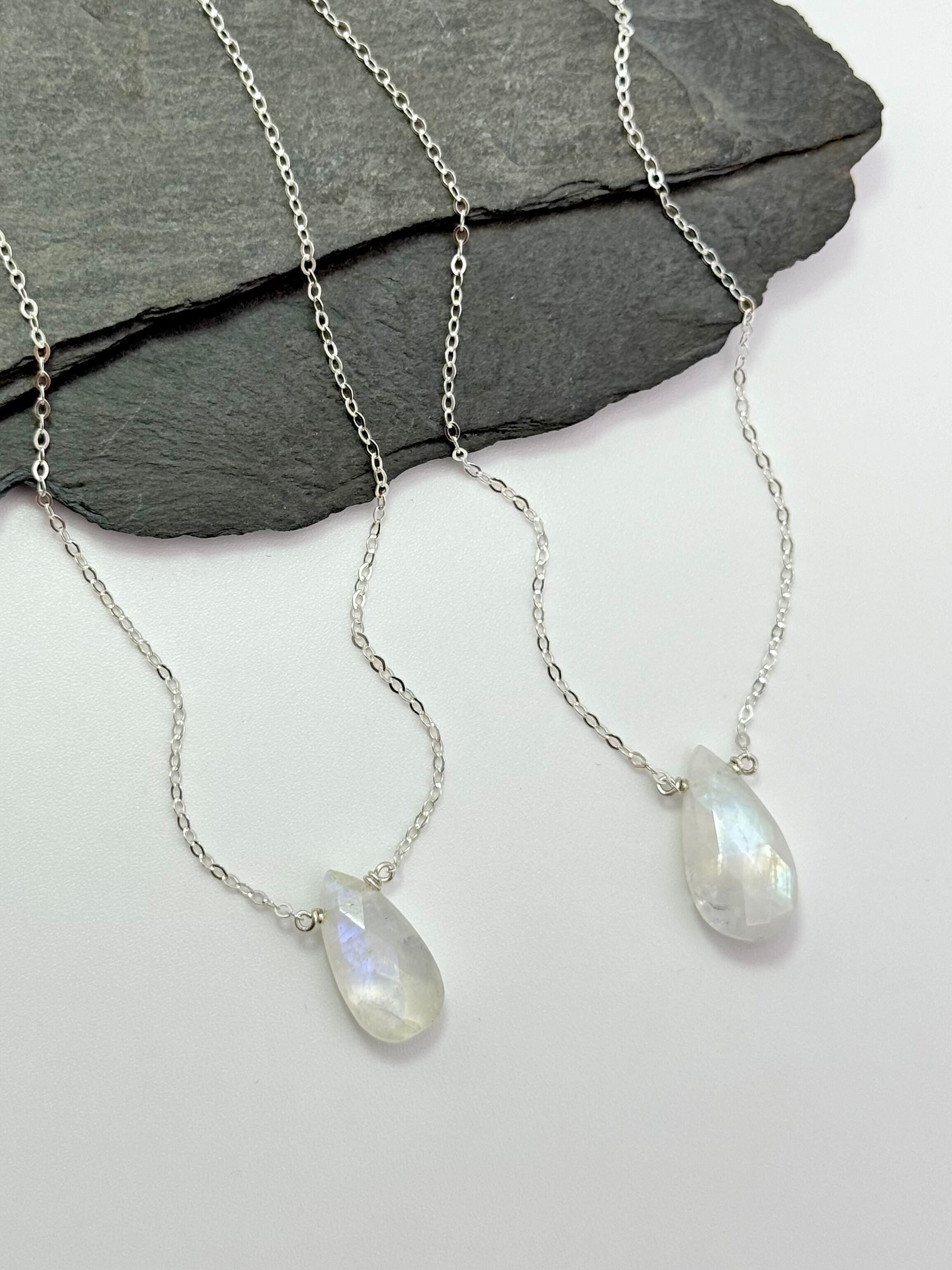 •STRAY• faceted rainbow moonstone teardrop + silver necklace (various lengths)
