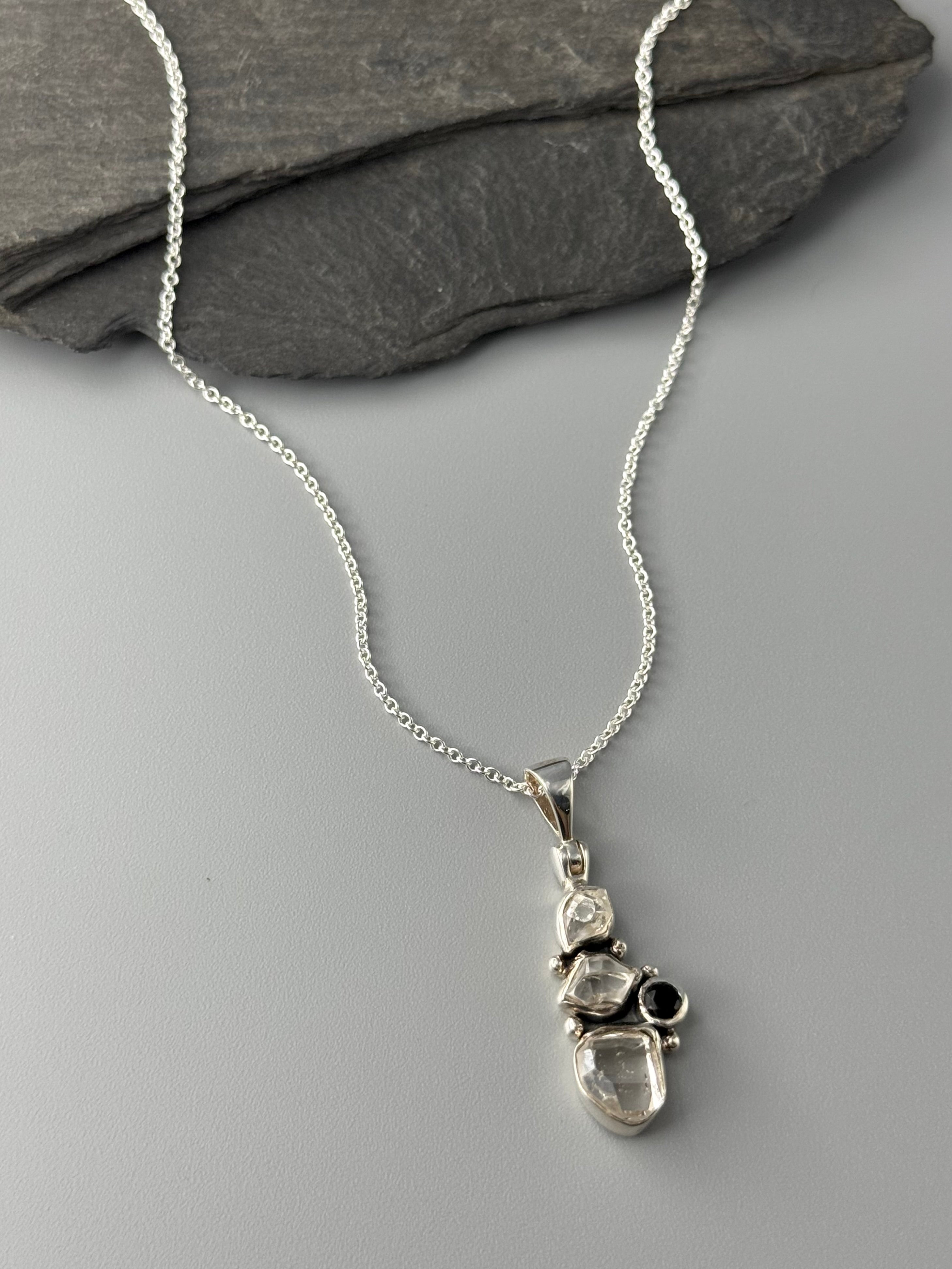 •LIL' QUAD CLUSTER• herkimer + onyx sterling silver necklace (18" long)