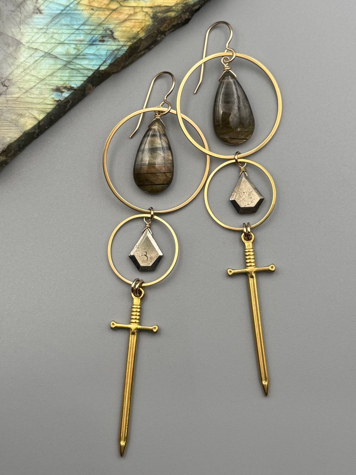•AELIN• golden labradorite tear + pyrite gold earrings