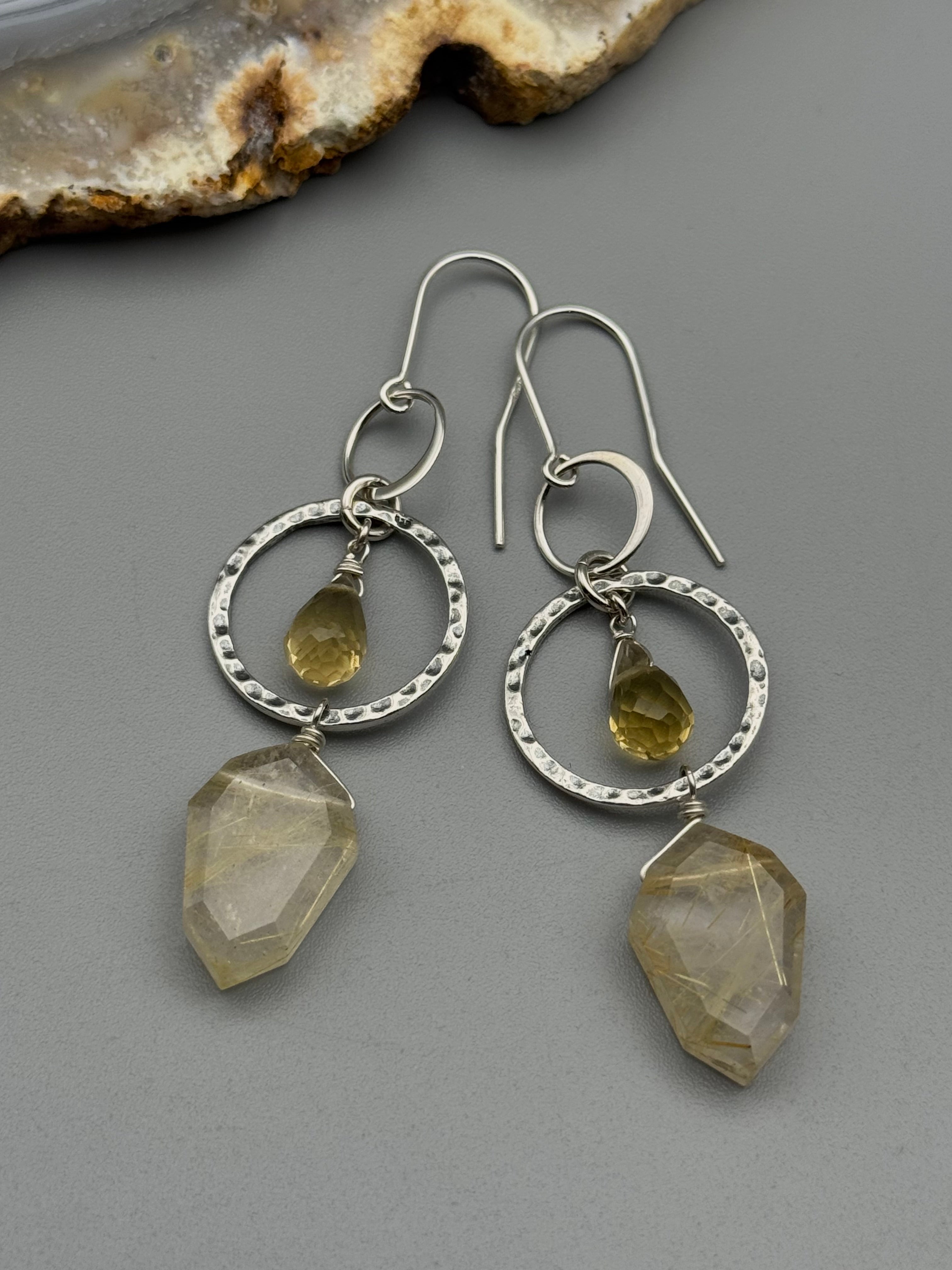 •EQUA-LUNA• lemon quartz + rutilated quartz silver earrings