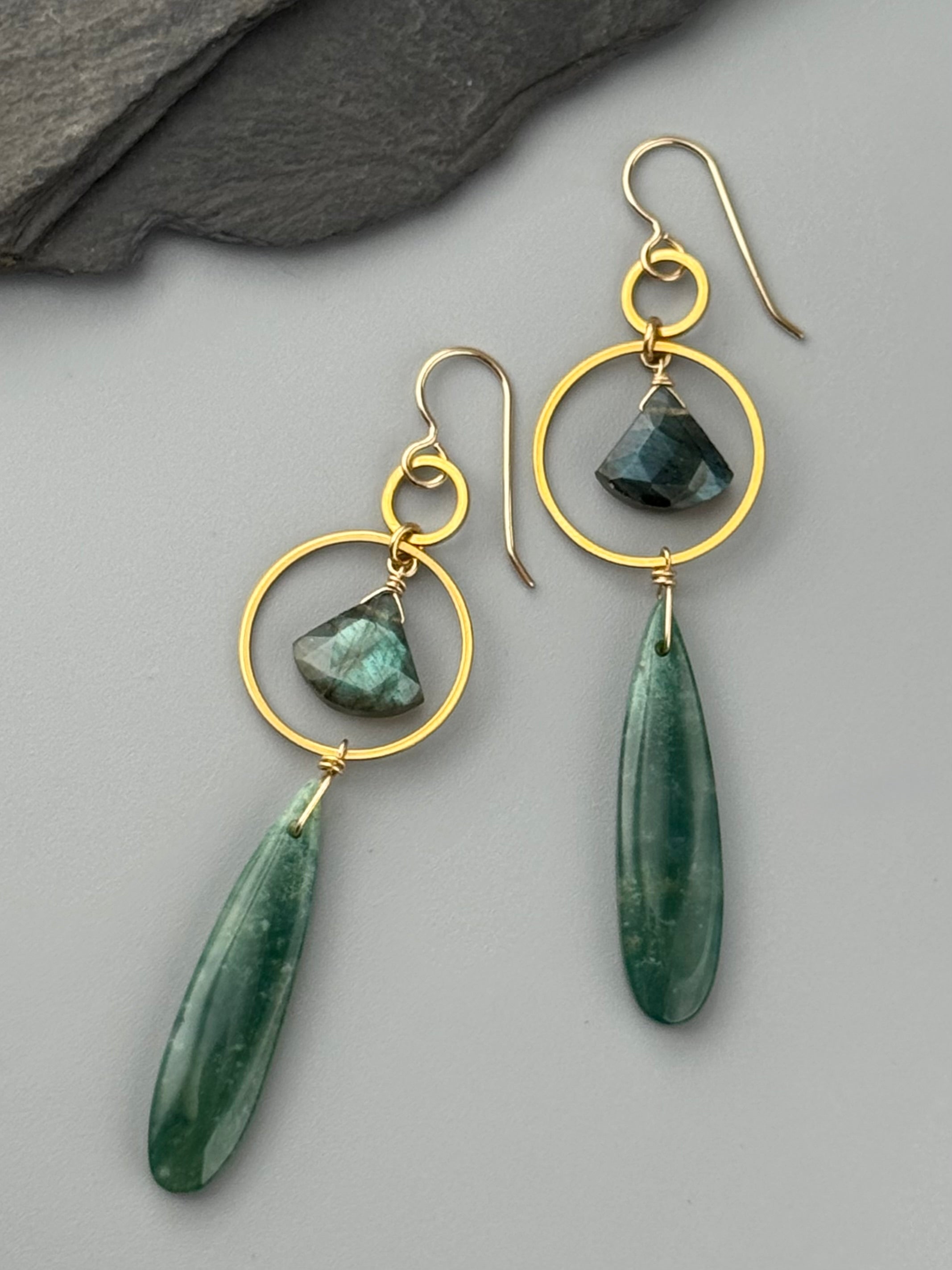 •EQUA-LUNA• labradorite + green mountain jade gold earrings