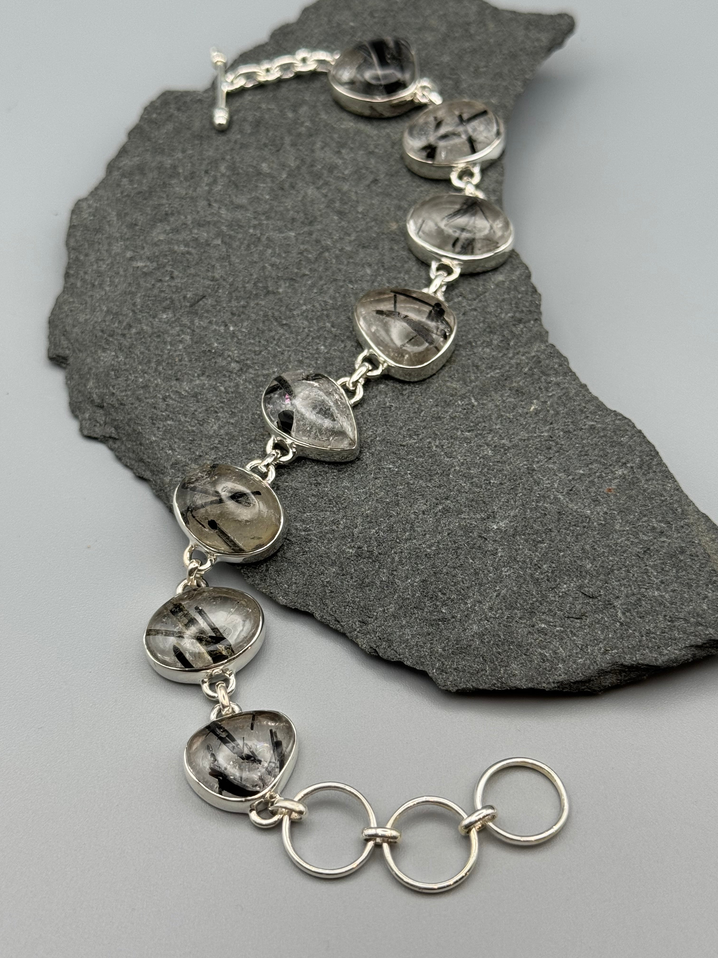 •TOURMALINATED QUARTZ - GEO MIX• linked silver bracelet (7" - 8.5")