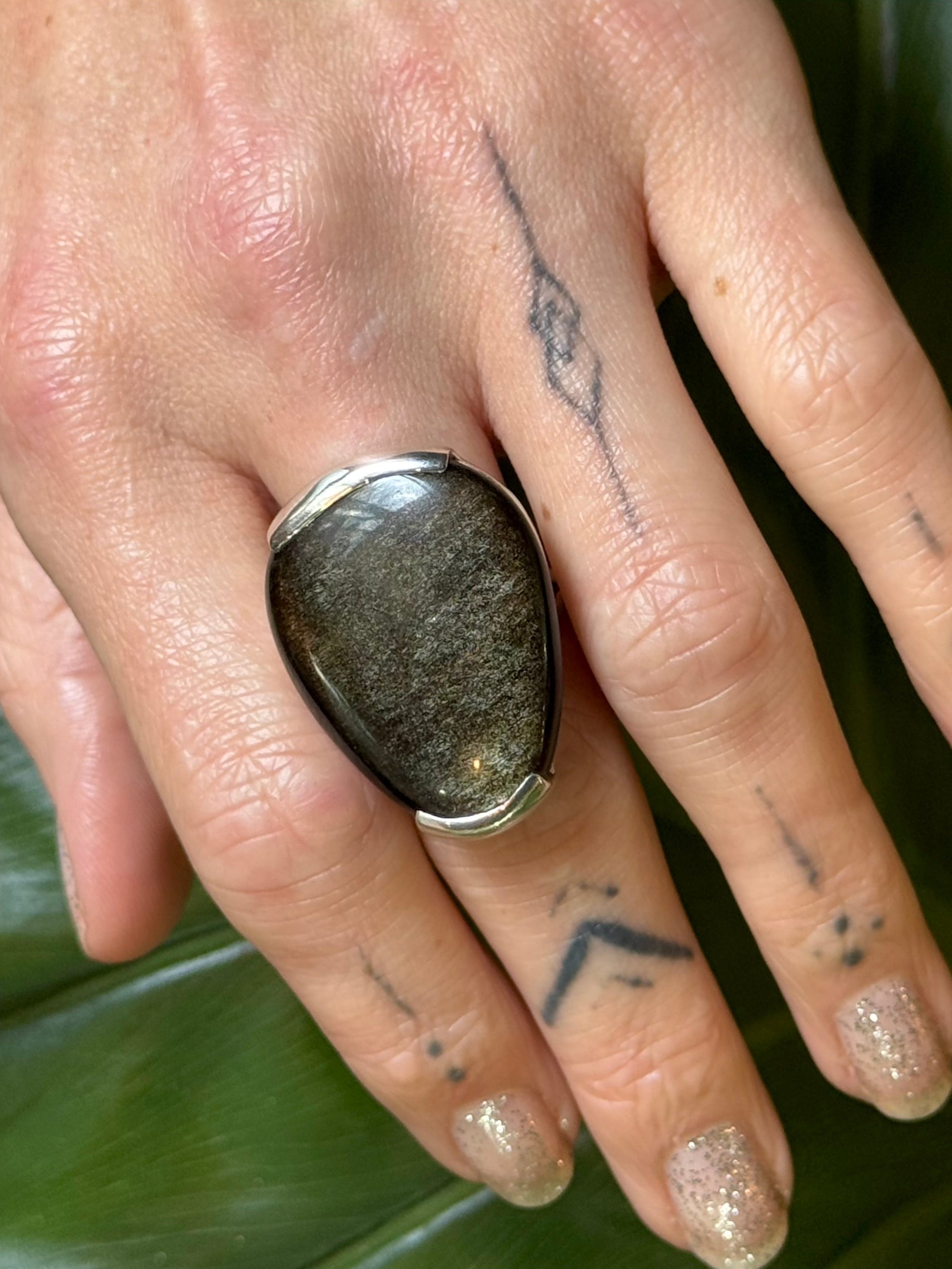 •GOLD SHEEN OBSIDIAN - OVAL• bezel capped silver ring (size 9.75)