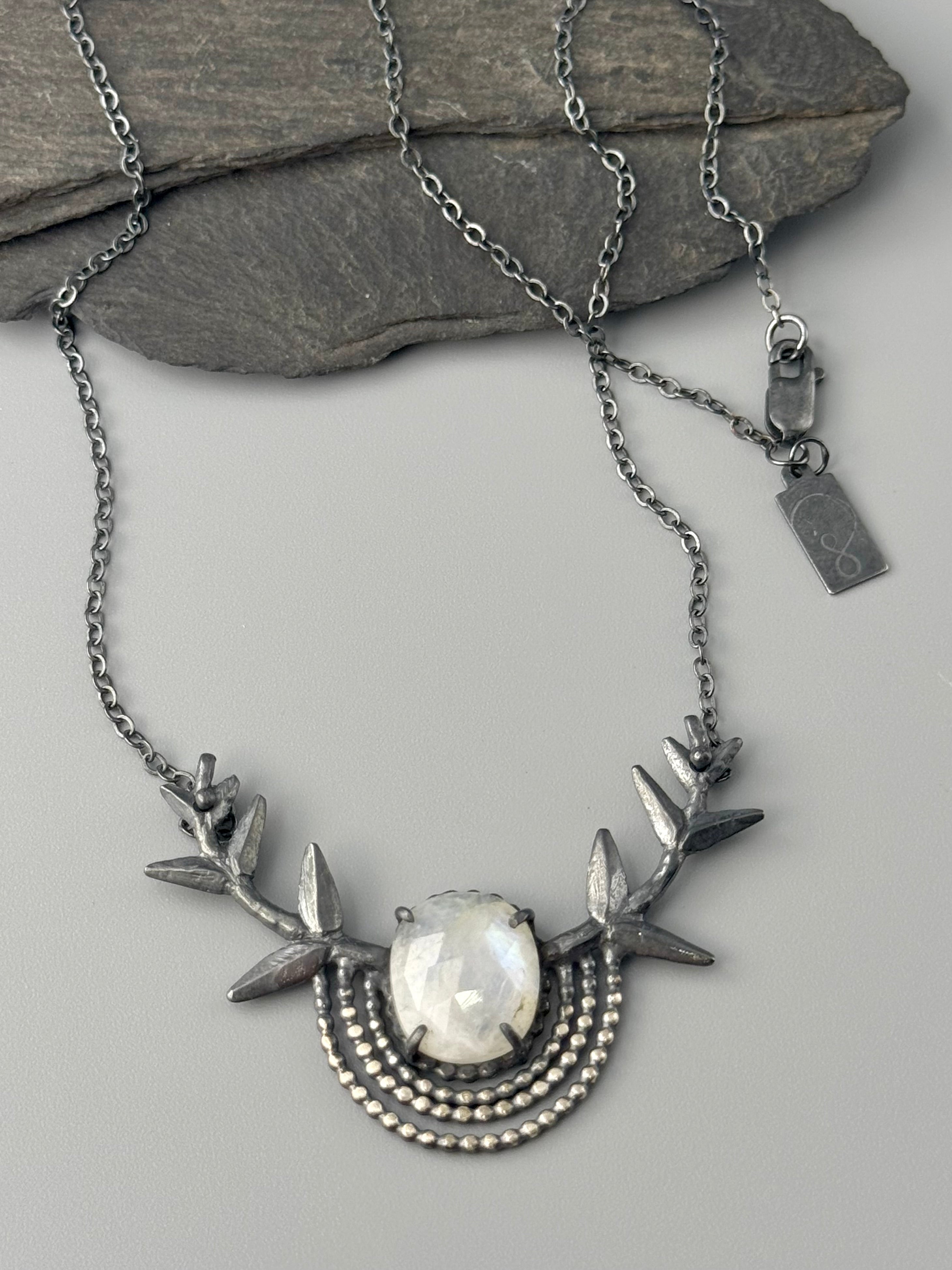 •BRANCHED OUT• rainbow moonstone oval + branches + silver necklace (18" long)