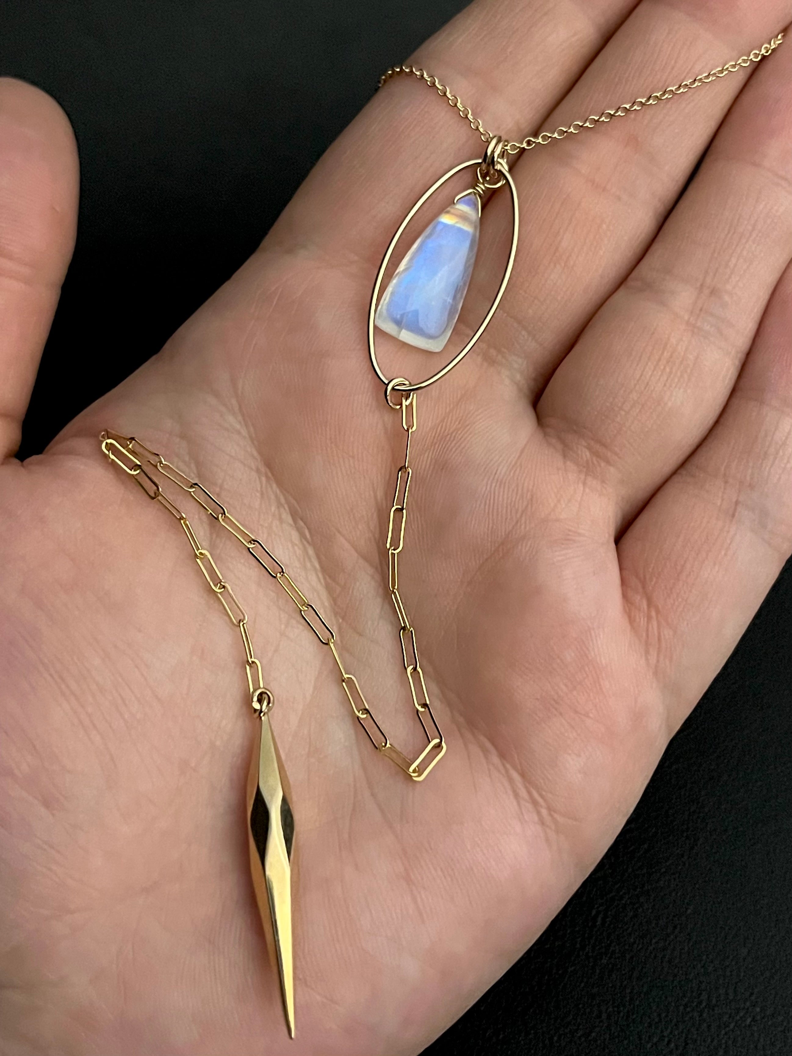 •NYX-COMET• rainbow moonstone + gold Y-necklace (18"-20" + 8" drop)