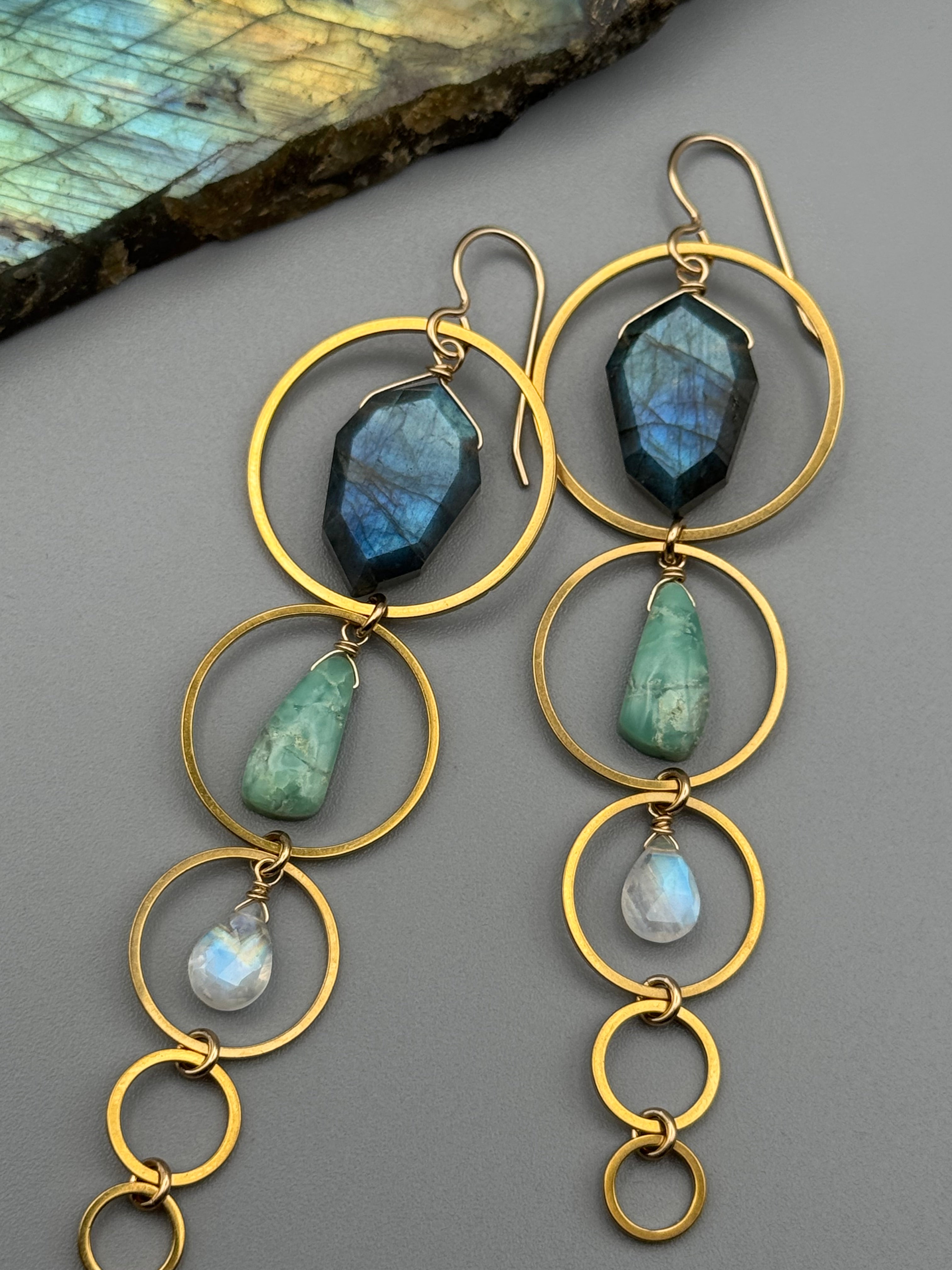 •10 OF CUPS• labradorite + chrysoprase + rainbow moonstone gold earrings