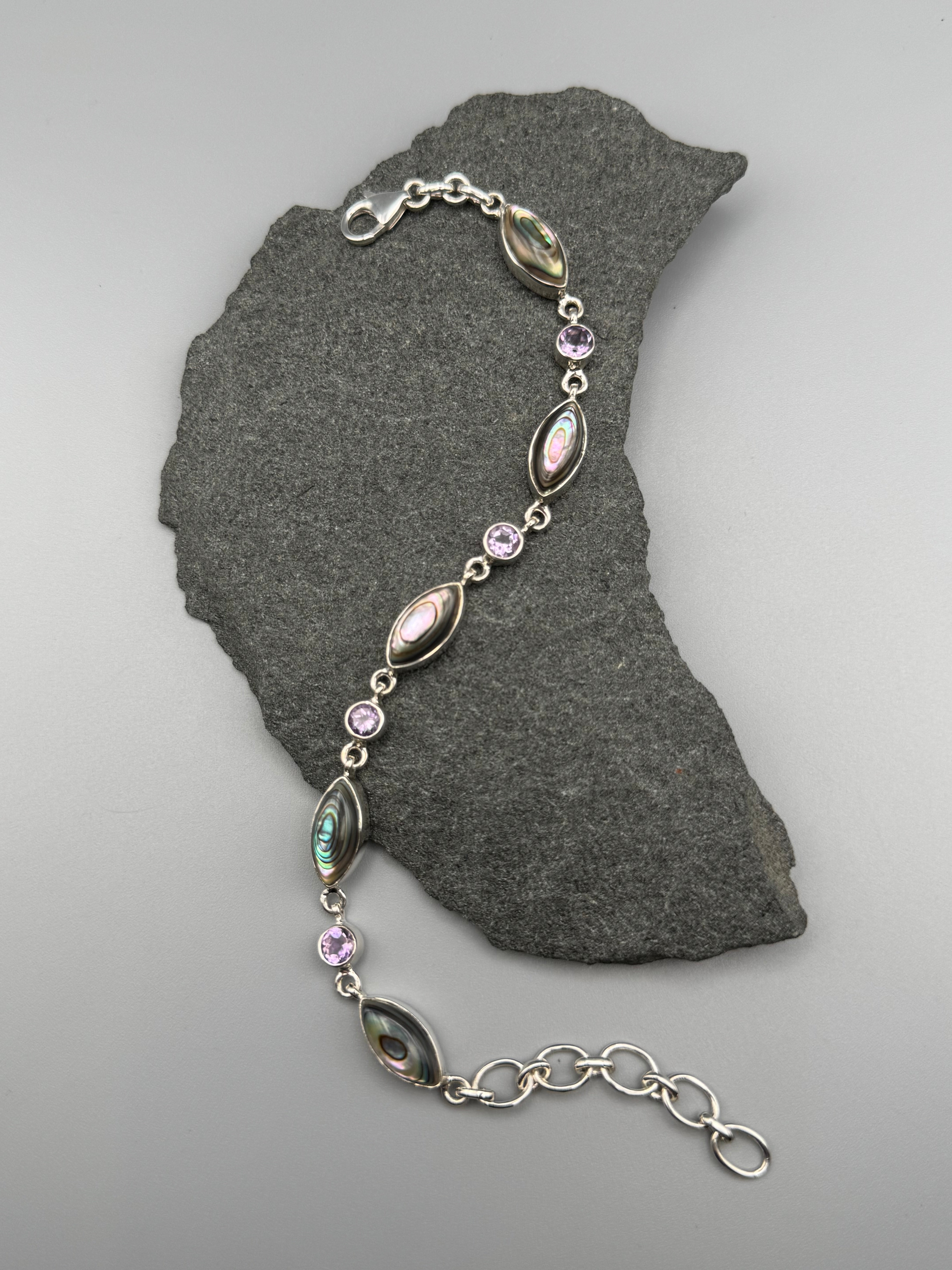 •ABALONE + AMETHYST• linked silver bracelet (7.25" - 9")