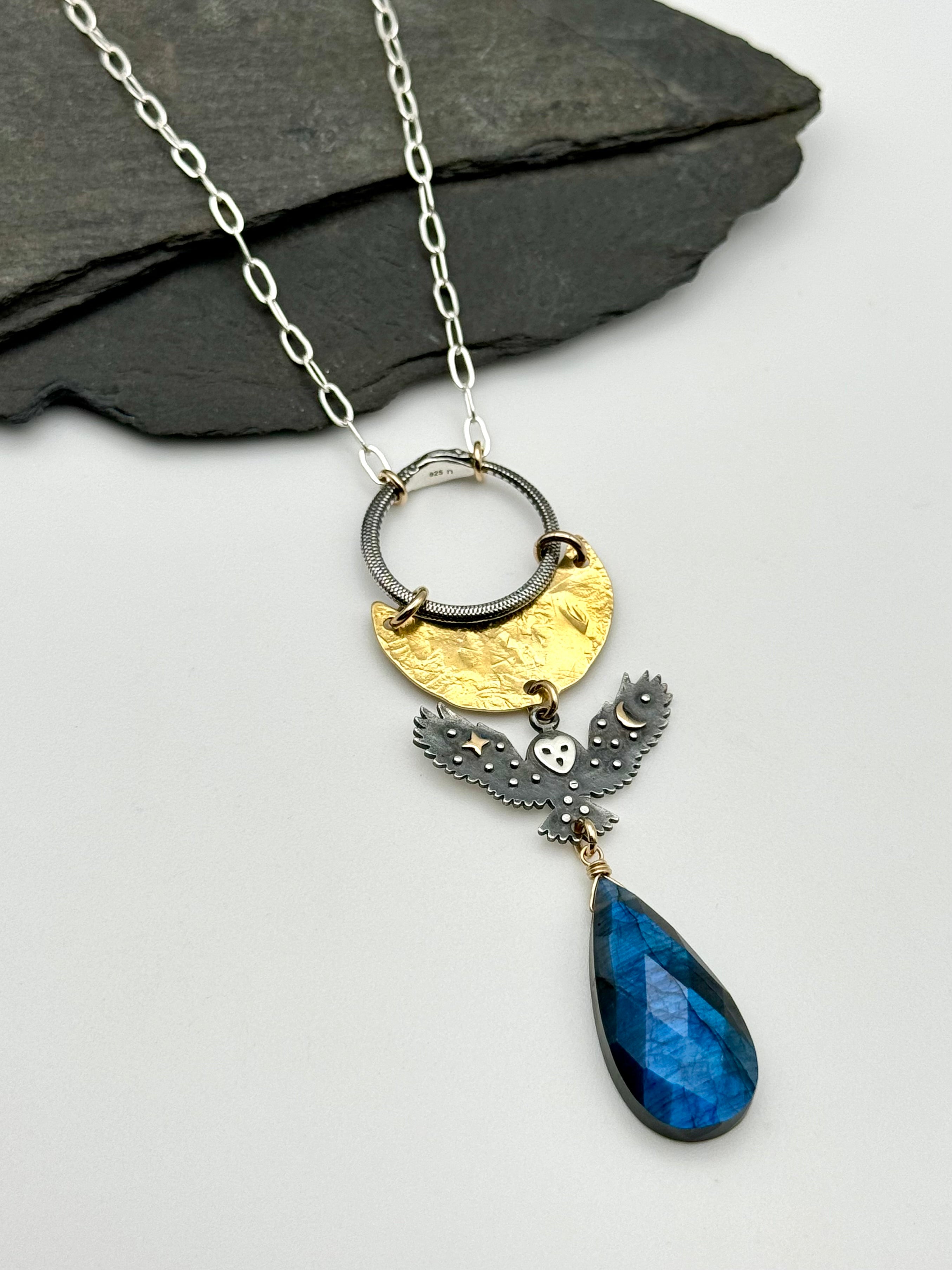•NIGHT HUNT• labradorite + owl + mixed metal necklace (18"-20" long)