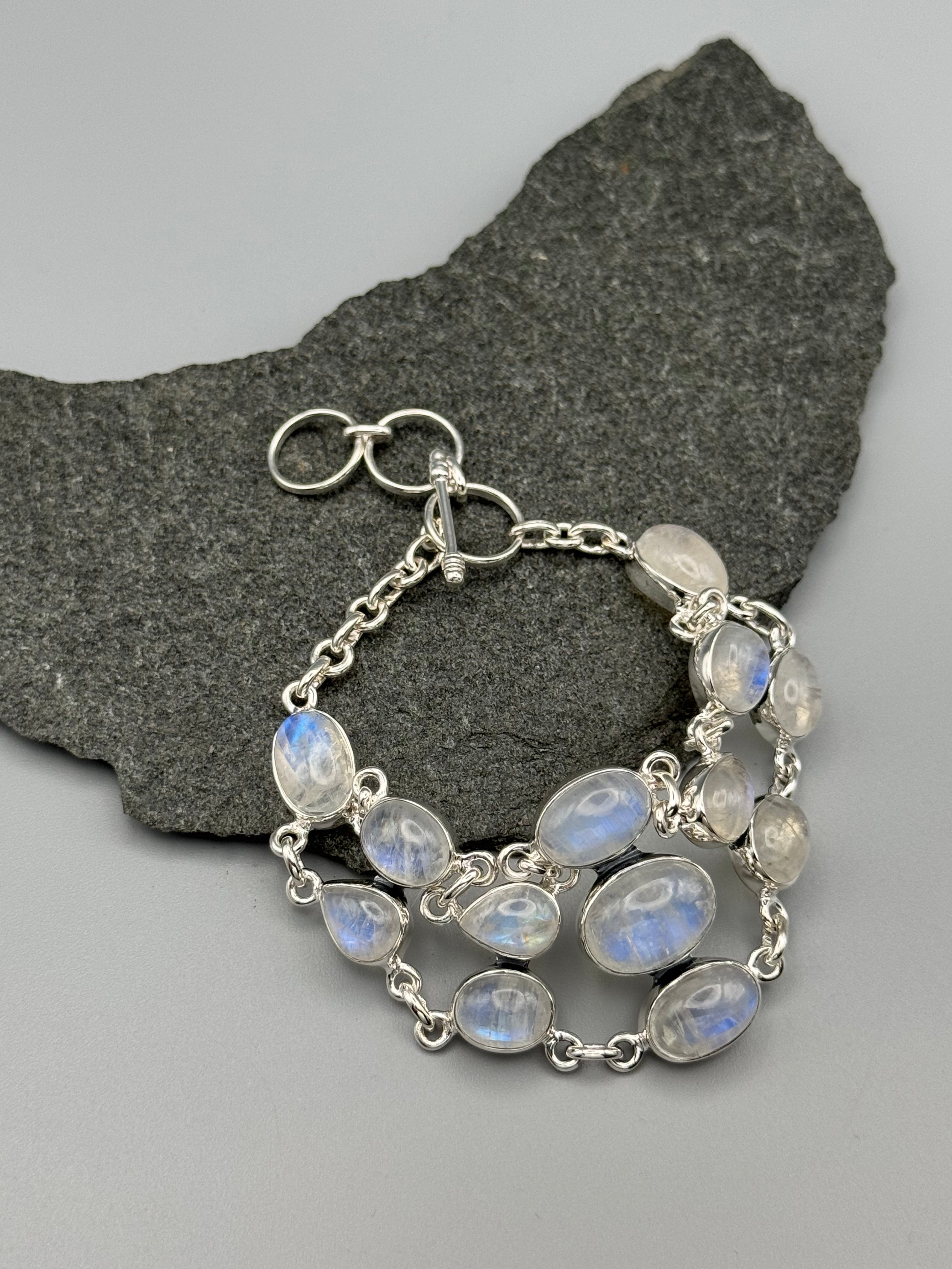 •RAINBOW MOONSTONE - TAPERED• linked silver bracelet (7.25” - 8.5")