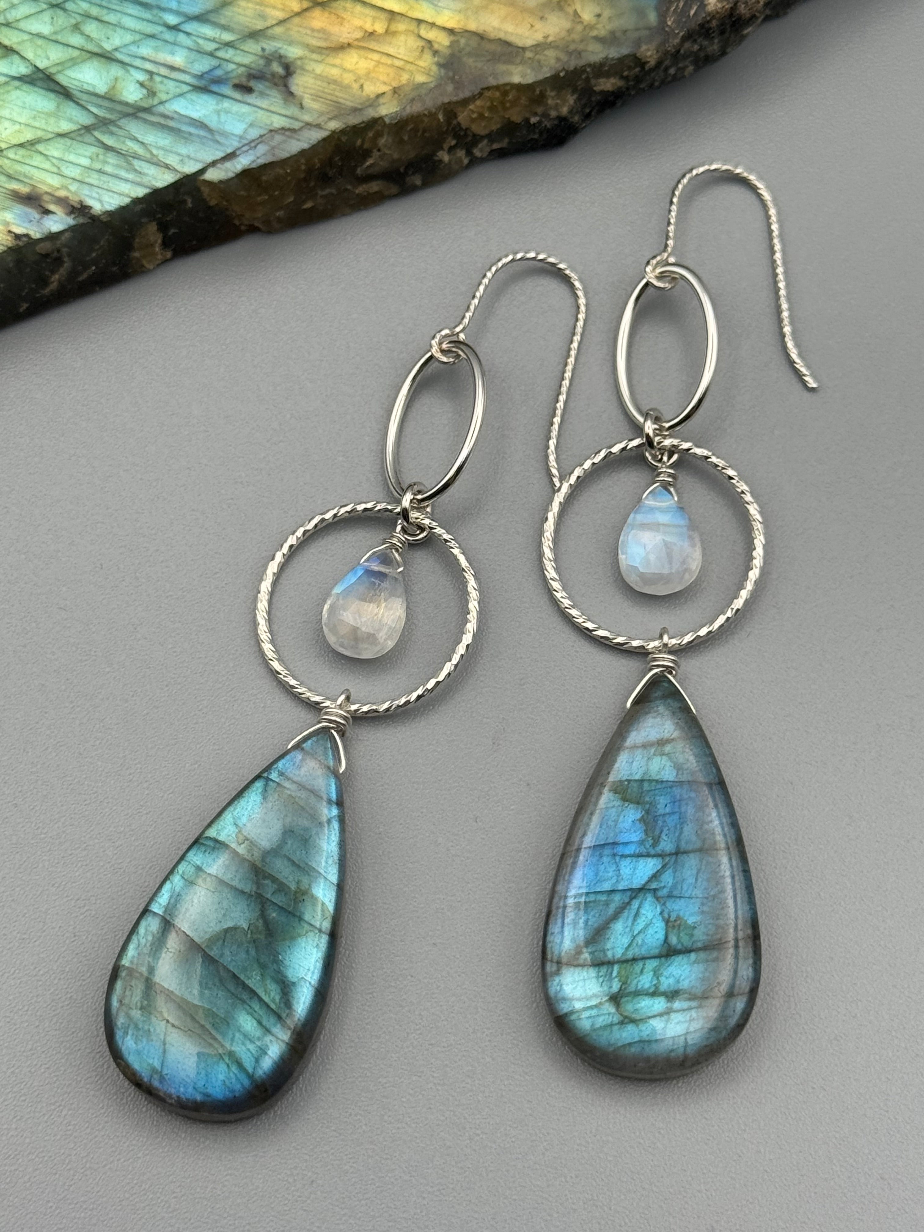 •4 OF CUPS• rainbow moonstone + labradorite silver earrings