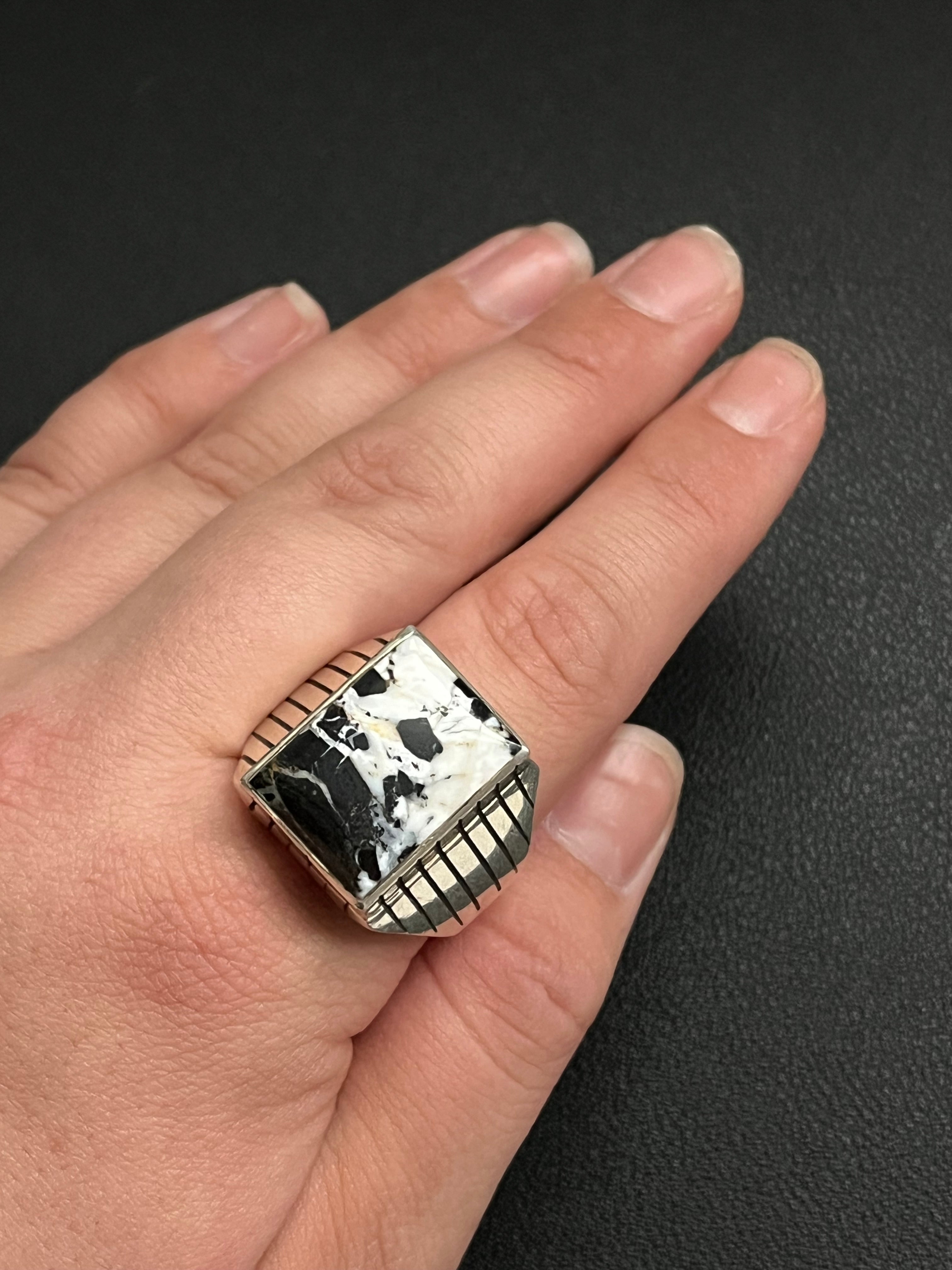 •WHITE BUFFALO TURQUOISE• Navajo silver signet ring (size 13.5)