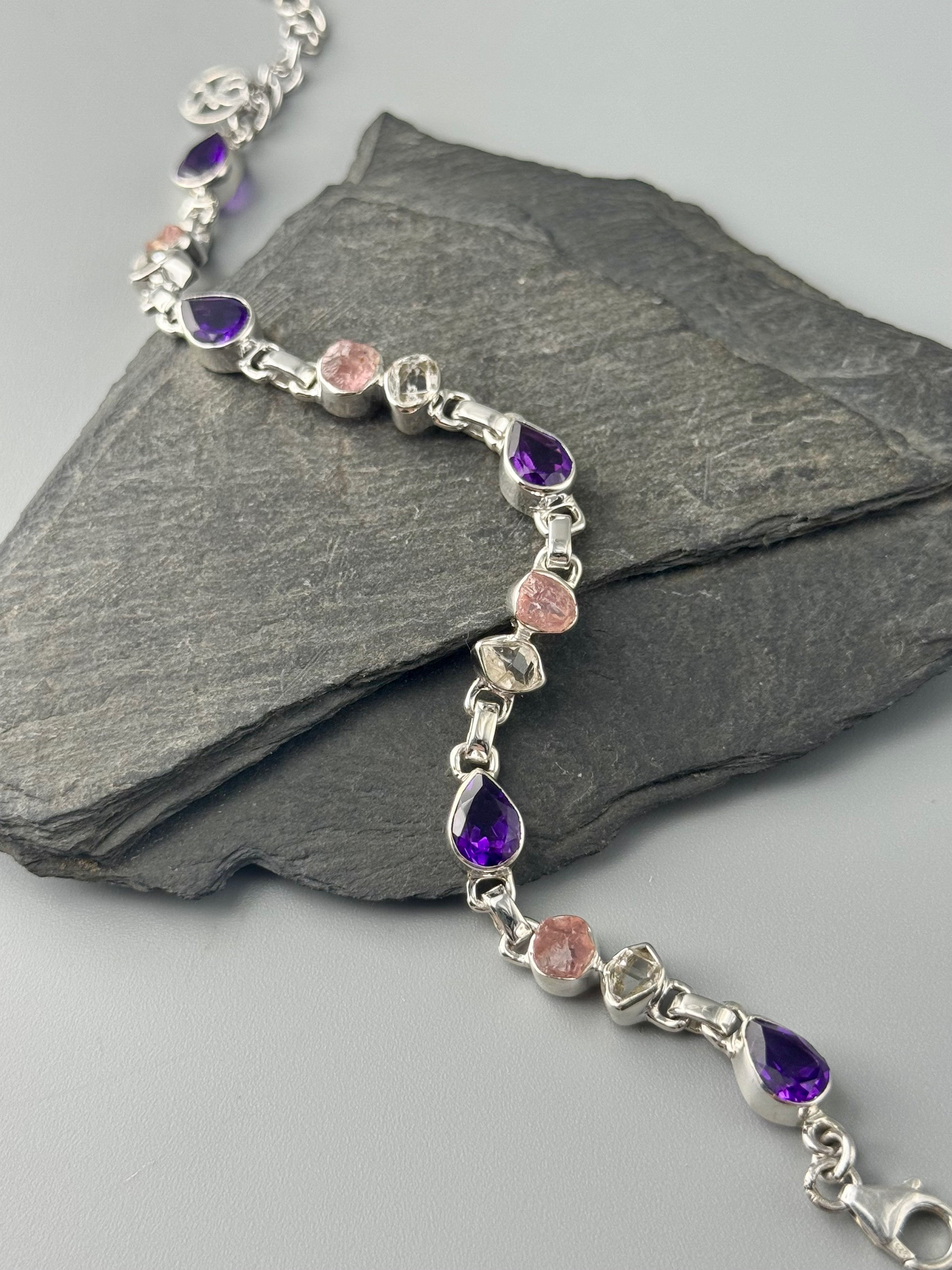 •AMETHYST + ROSE QUARTZ + HERKIMER• linked silver bracelet (6.75" - 8")