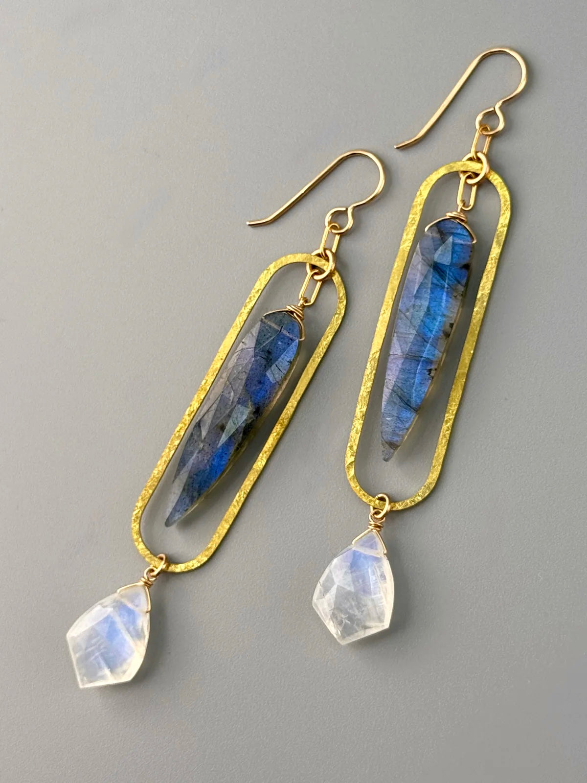 •PENDULUM• labradorite + rainbow moonstone gold earrings